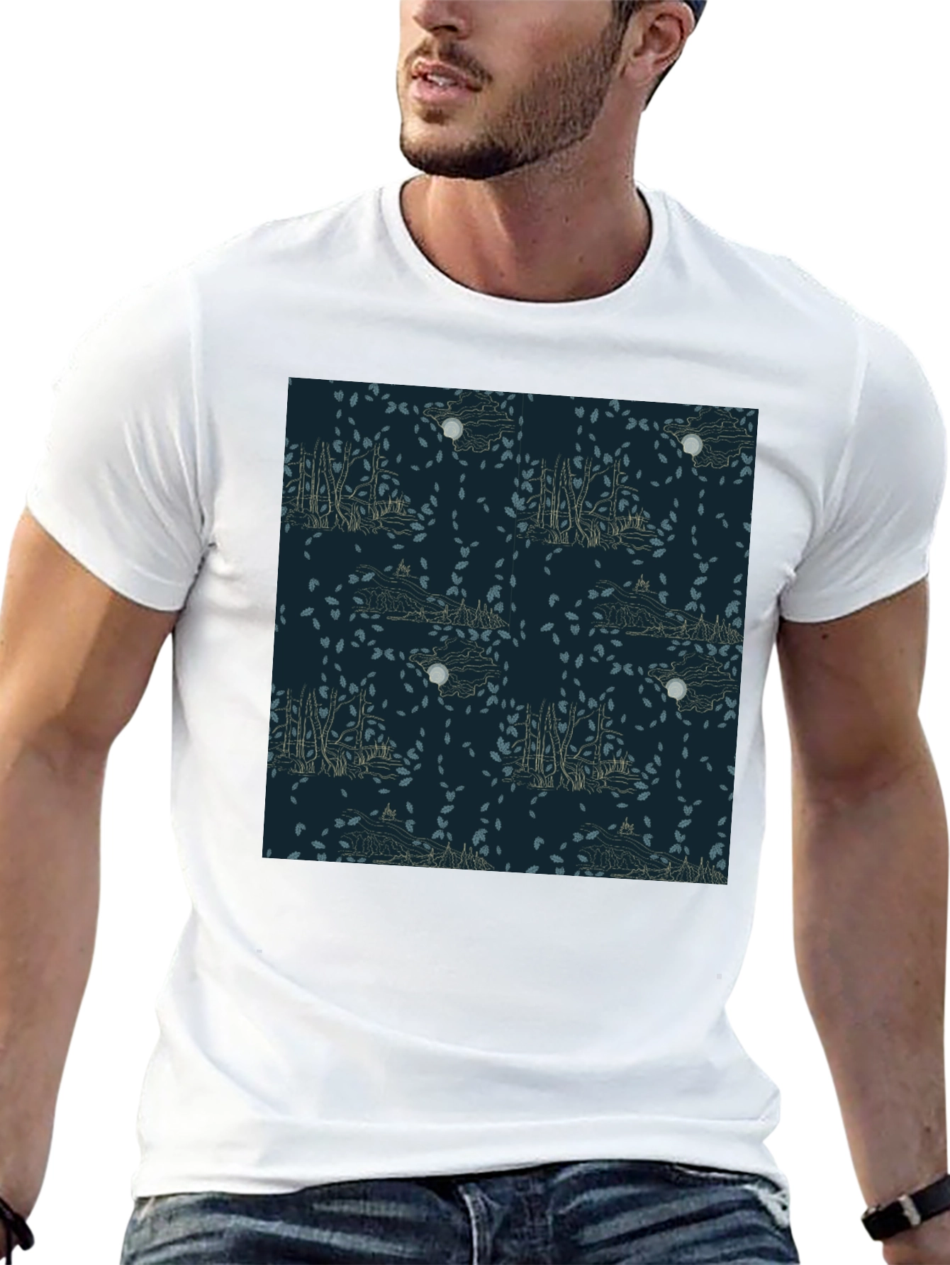 Mens Black T-Shirt with Nature Pattern
