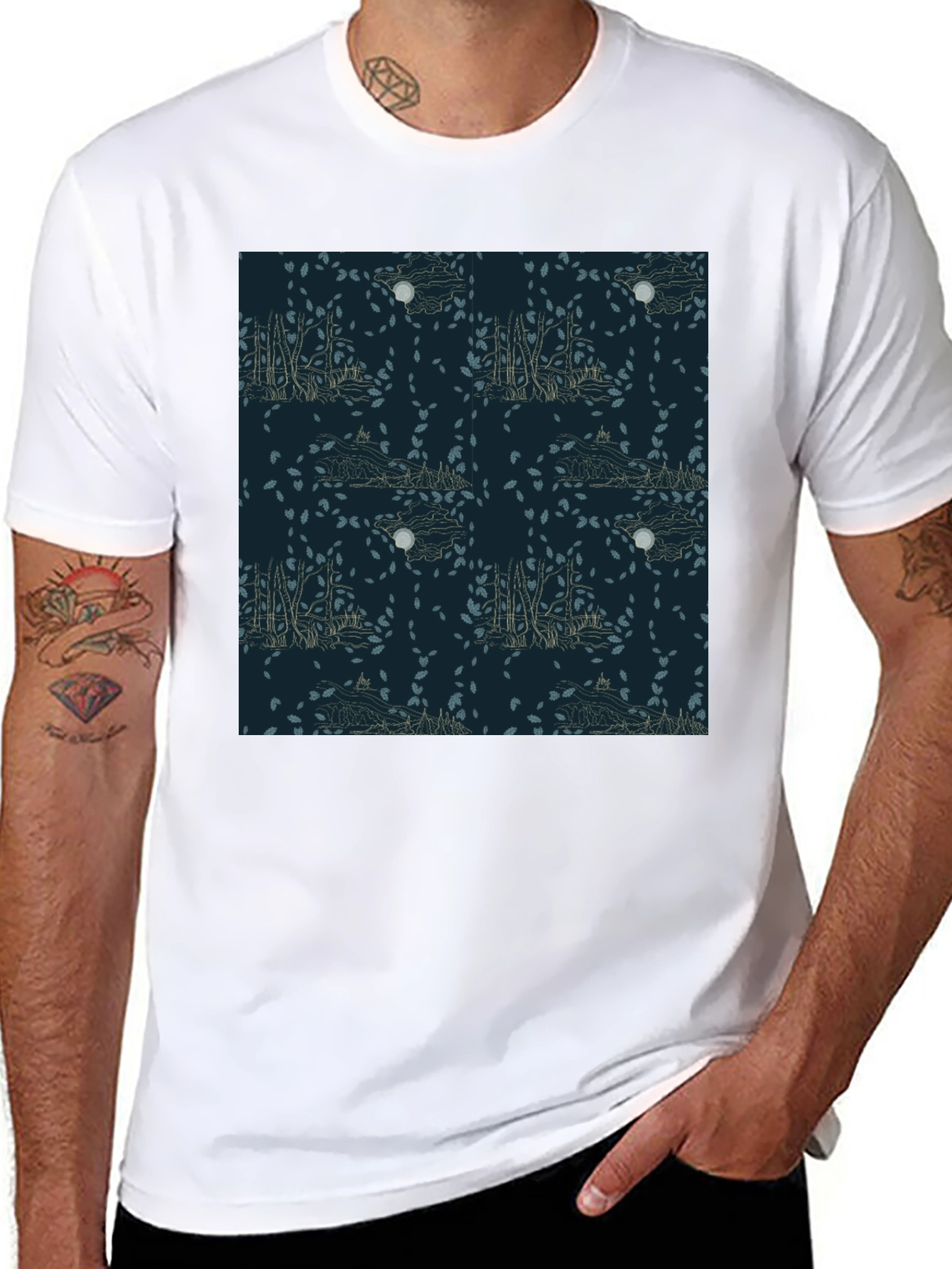 Mens Black T-Shirt with Nature Pattern