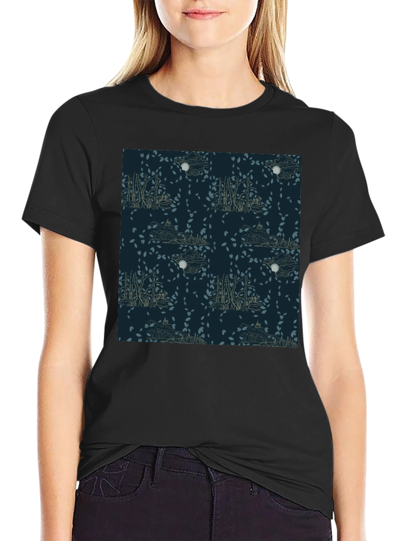 Mens Black T-Shirt with Nature Pattern