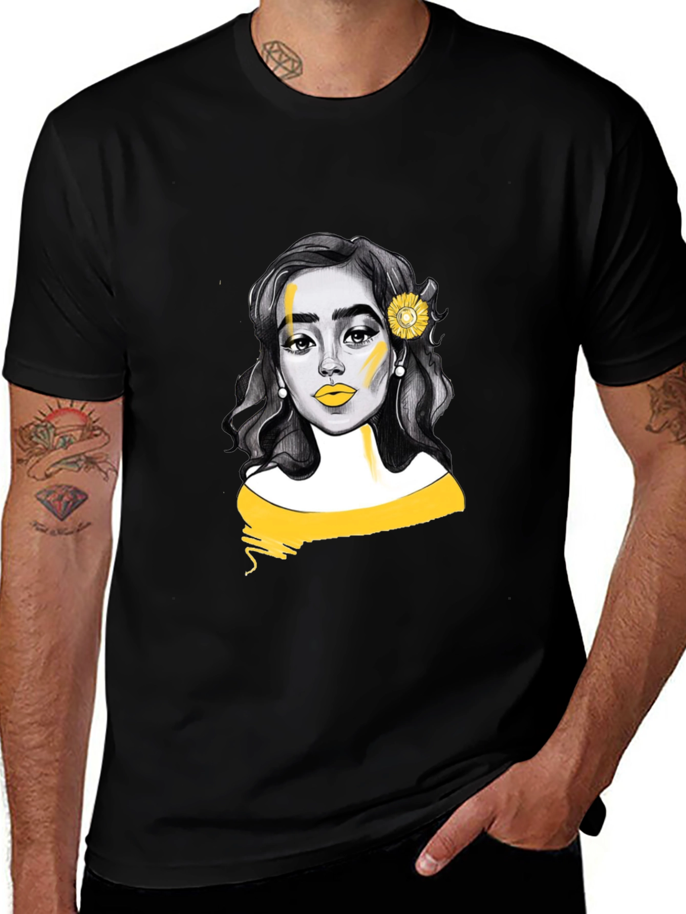 Woman with Sunflower Graphic Tee - Black