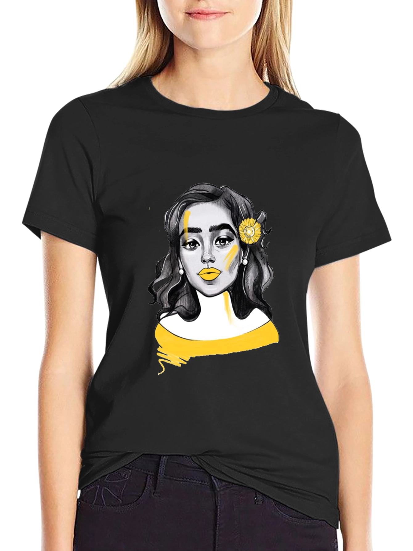 Woman with Sunflower Graphic Tee - Black