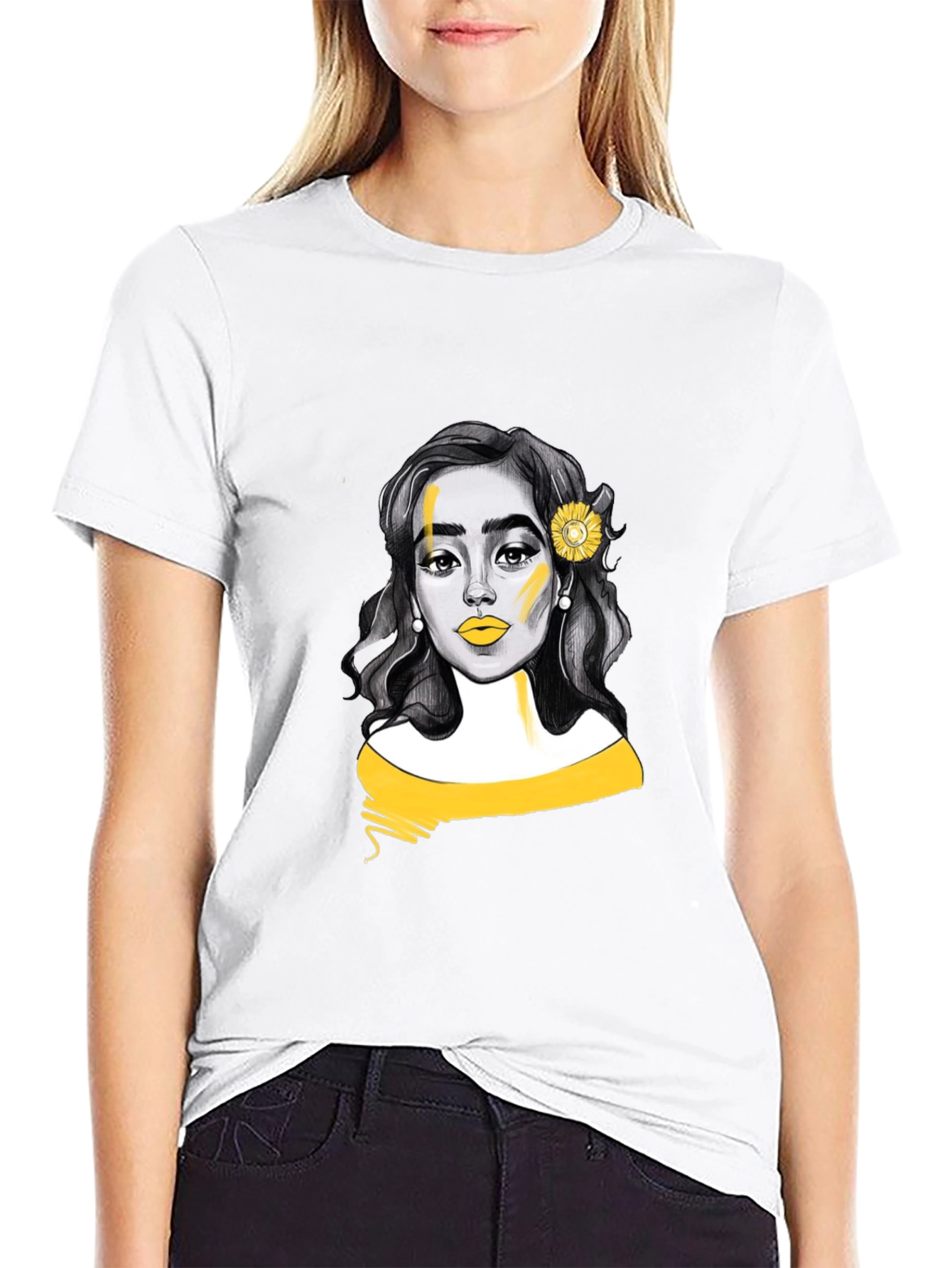 Woman with Sunflower Graphic Tee - Black