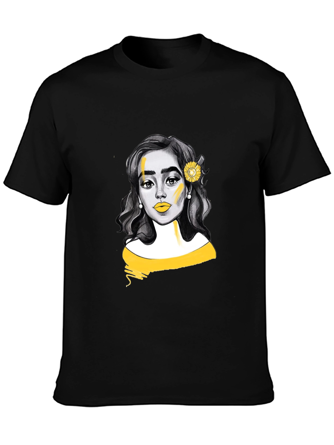 Woman with Sunflower Graphic Tee - Black