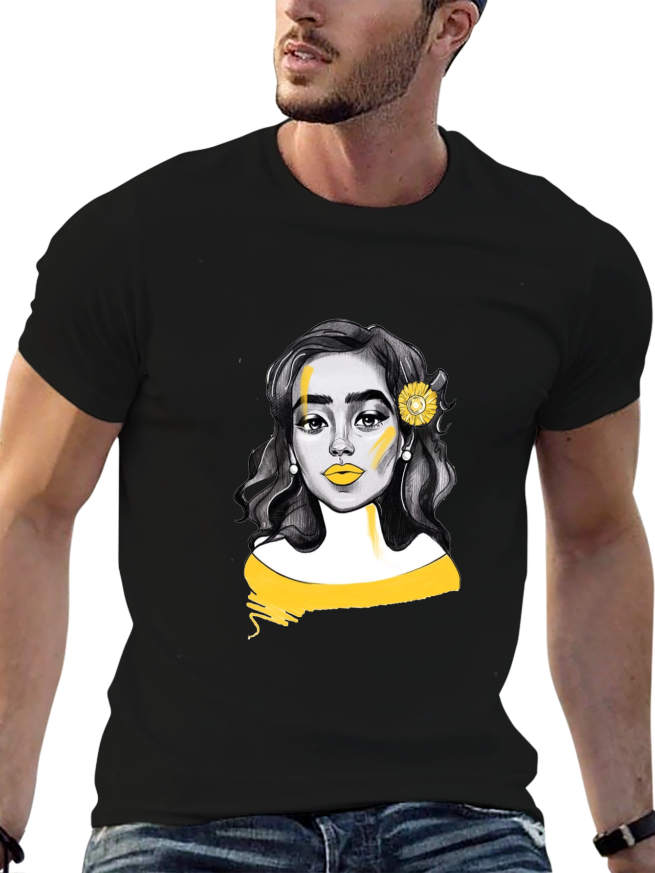 Woman with Sunflower Graphic Tee - Black