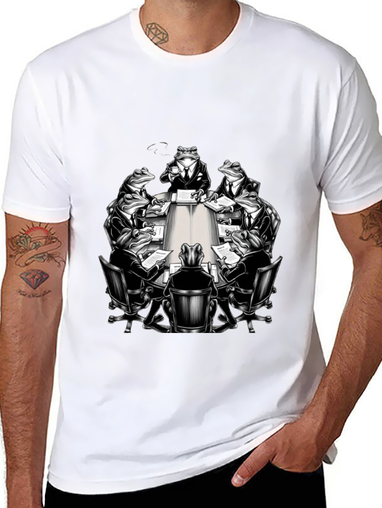 Frogs in Suits Meeting Black T-Shirt