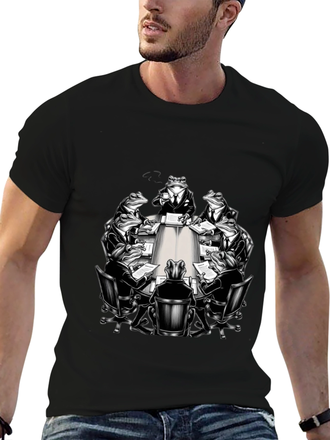 Frogs in Suits Meeting Black T-Shirt