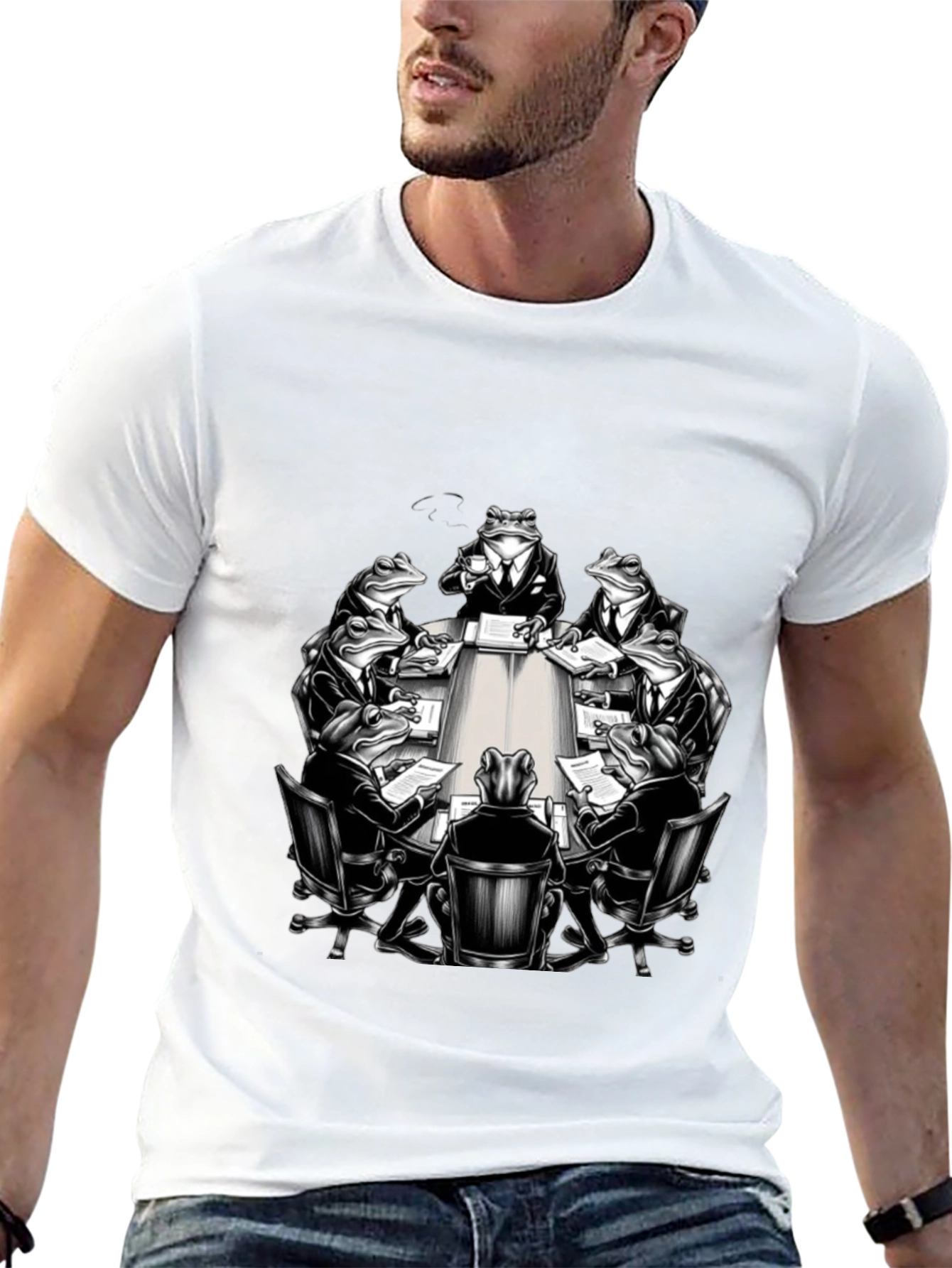Frogs in Suits Meeting Black T-Shirt