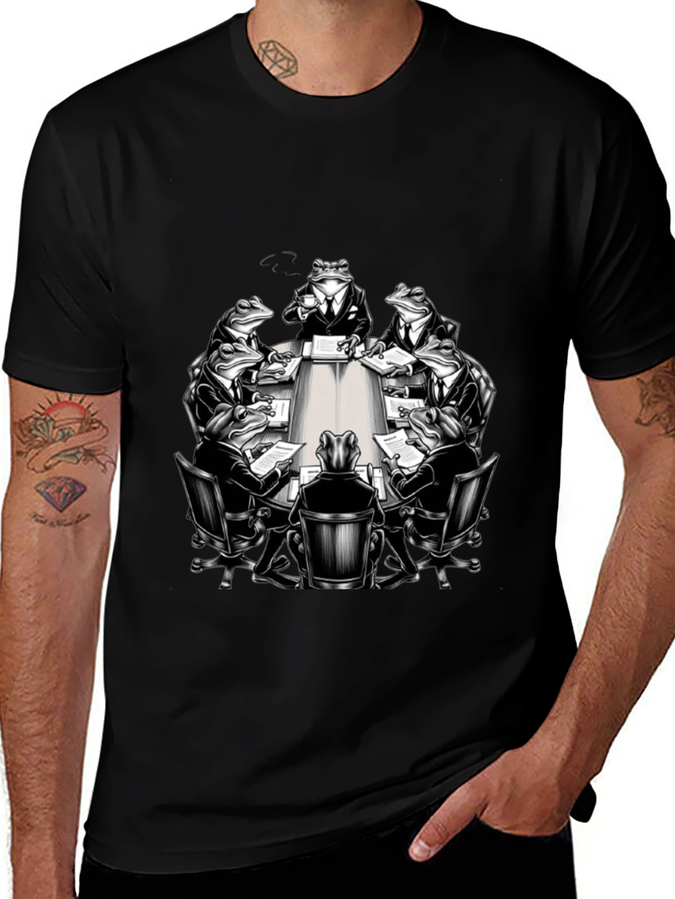 Frogs in Suits Meeting Black T-Shirt