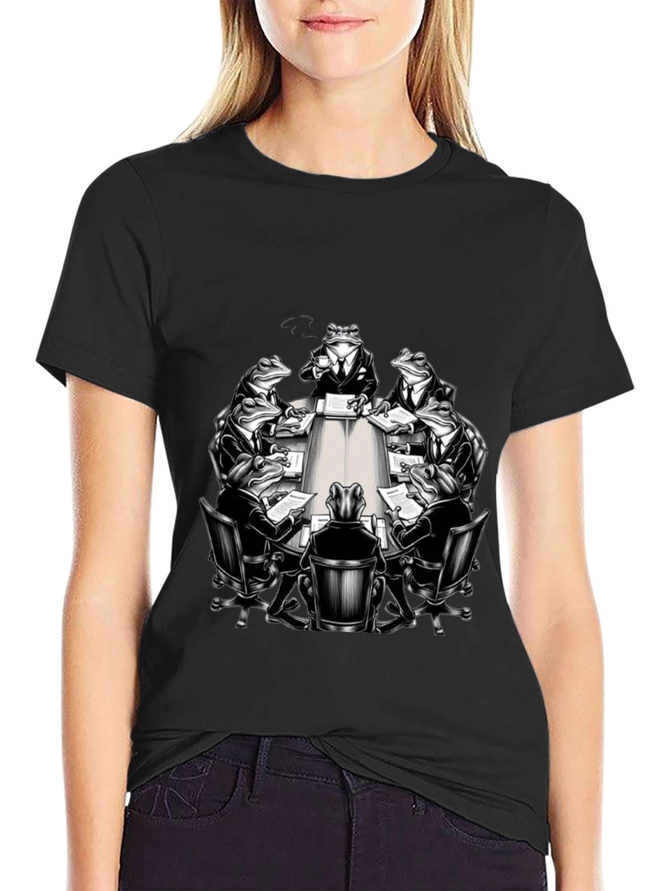 Frogs in Suits Meeting Black T-Shirt