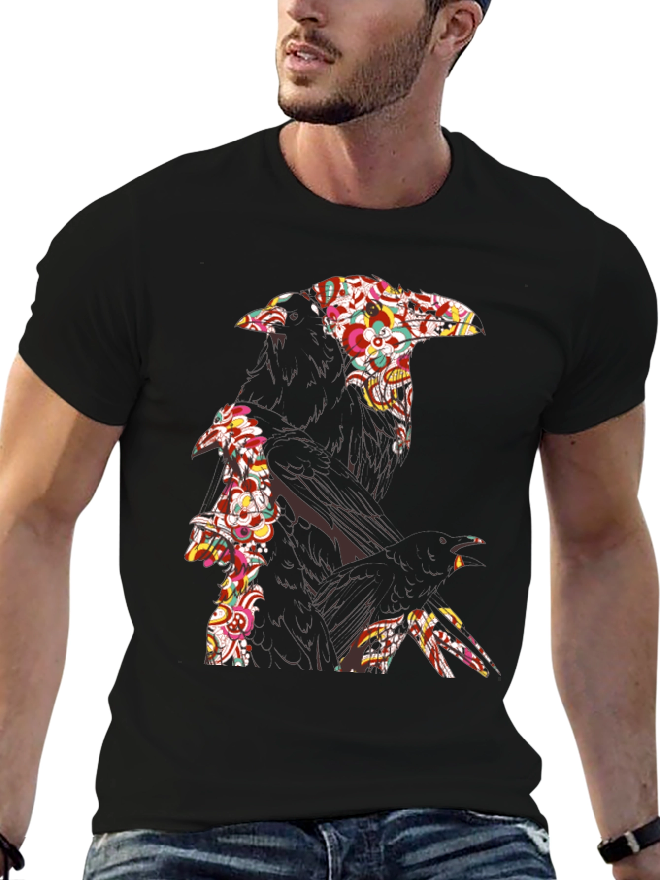 Floral Raven Graphic Tee - Cool Crow Design