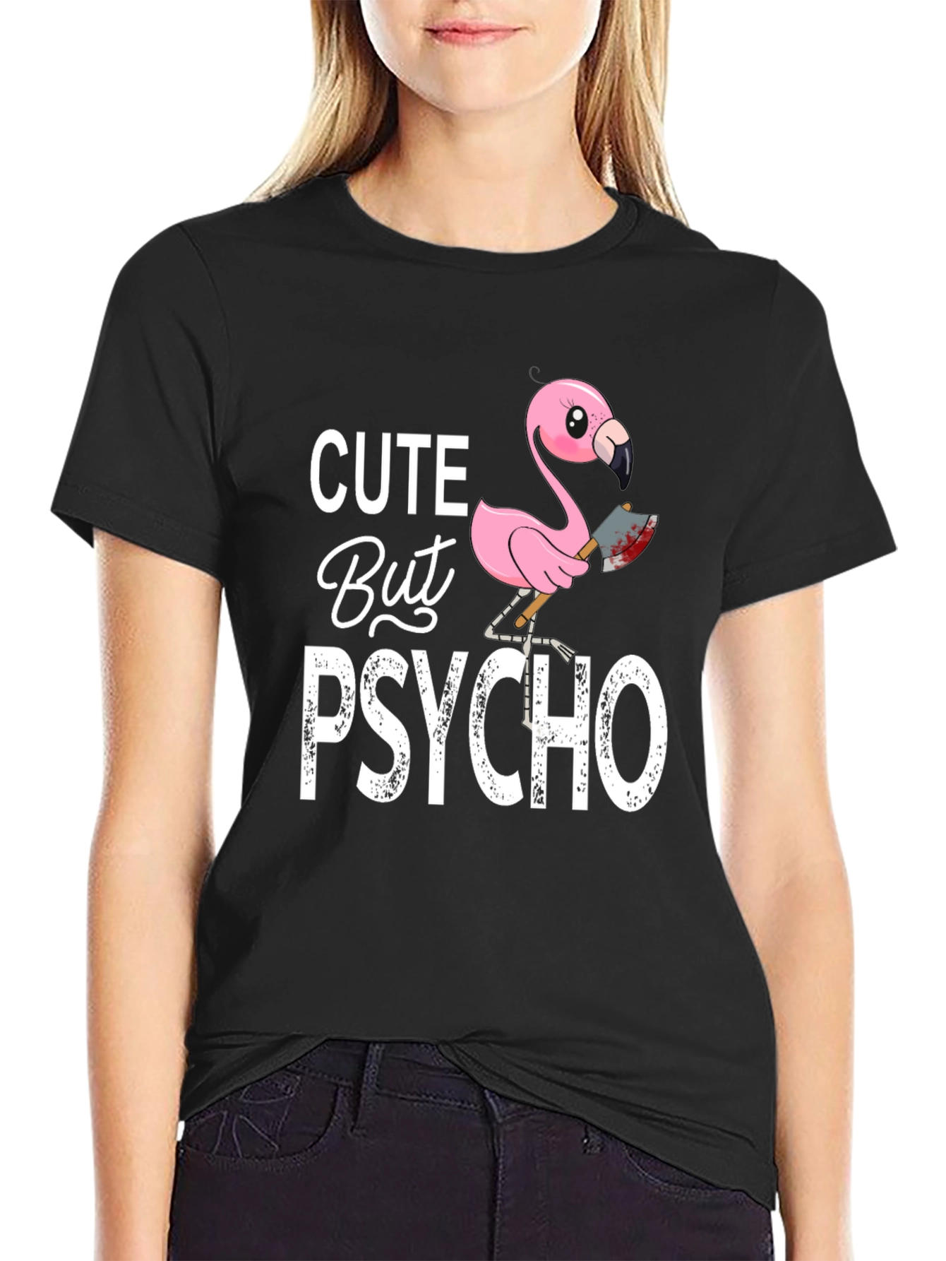 Cute But Psycho Flamingo Graphic Tee - Black
