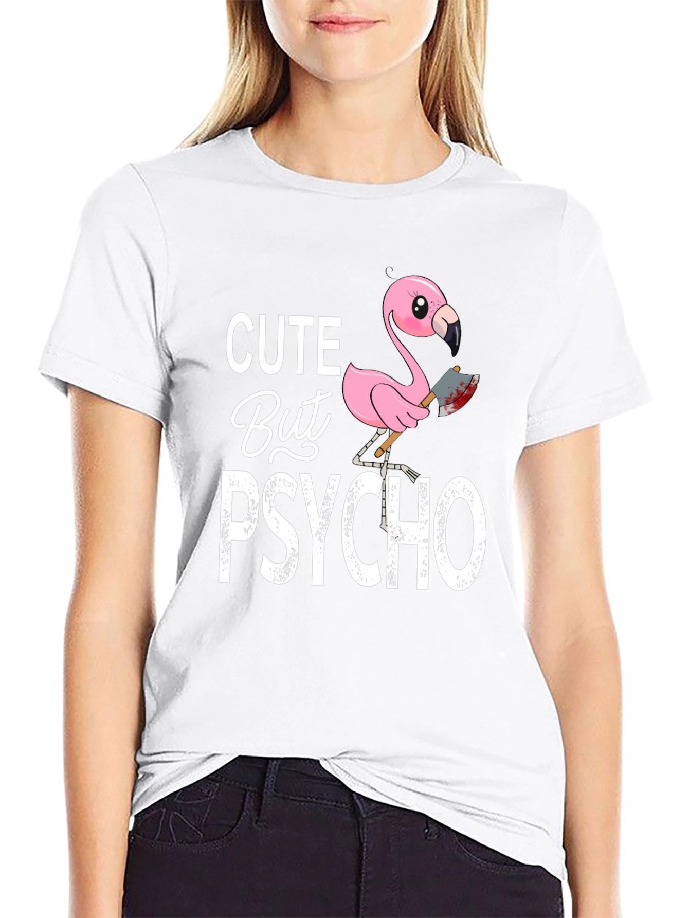 Cute But Psycho Flamingo Graphic Tee - Black