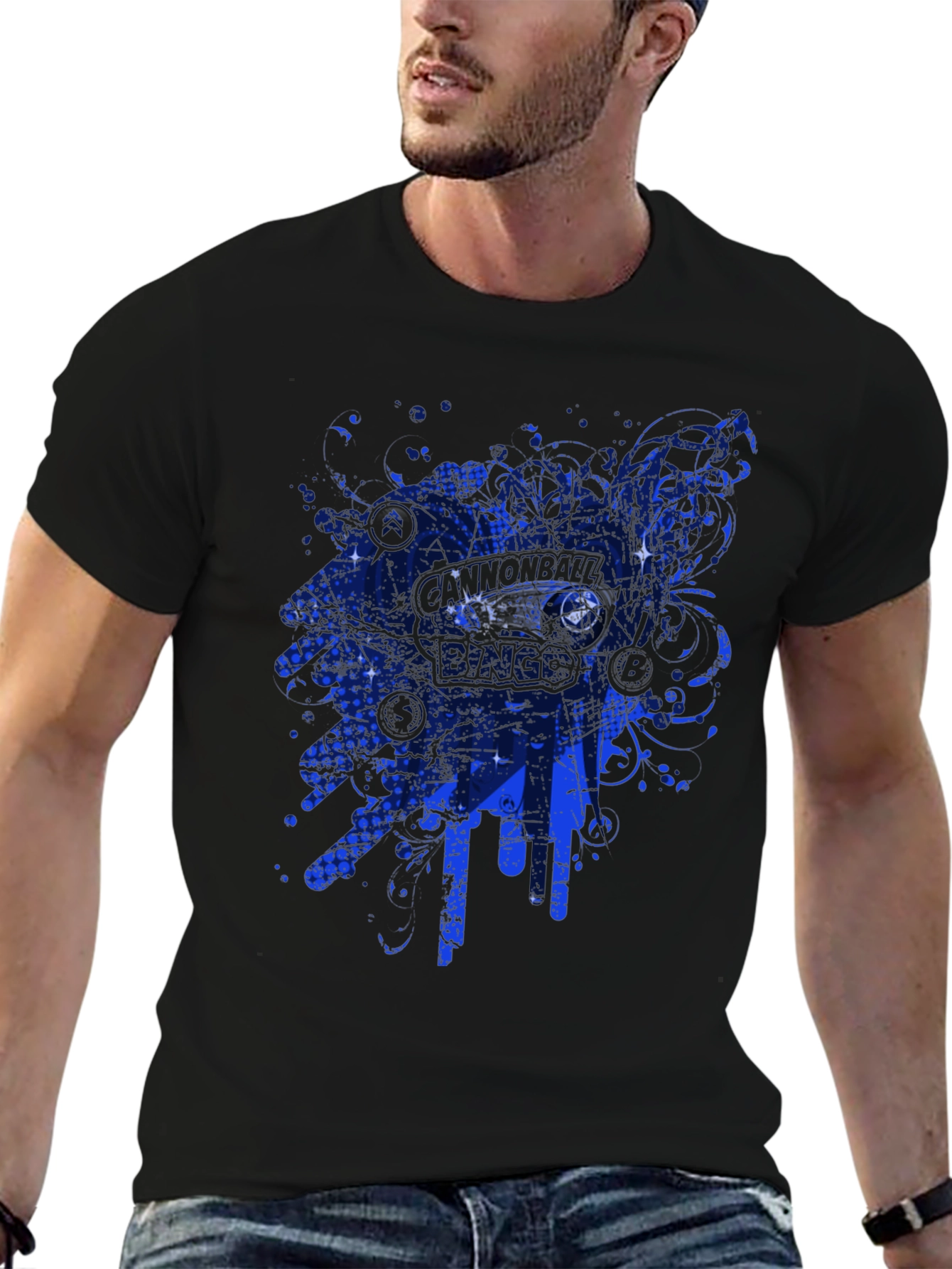 Mens Black Graphic Tee - Blue Abstract Design