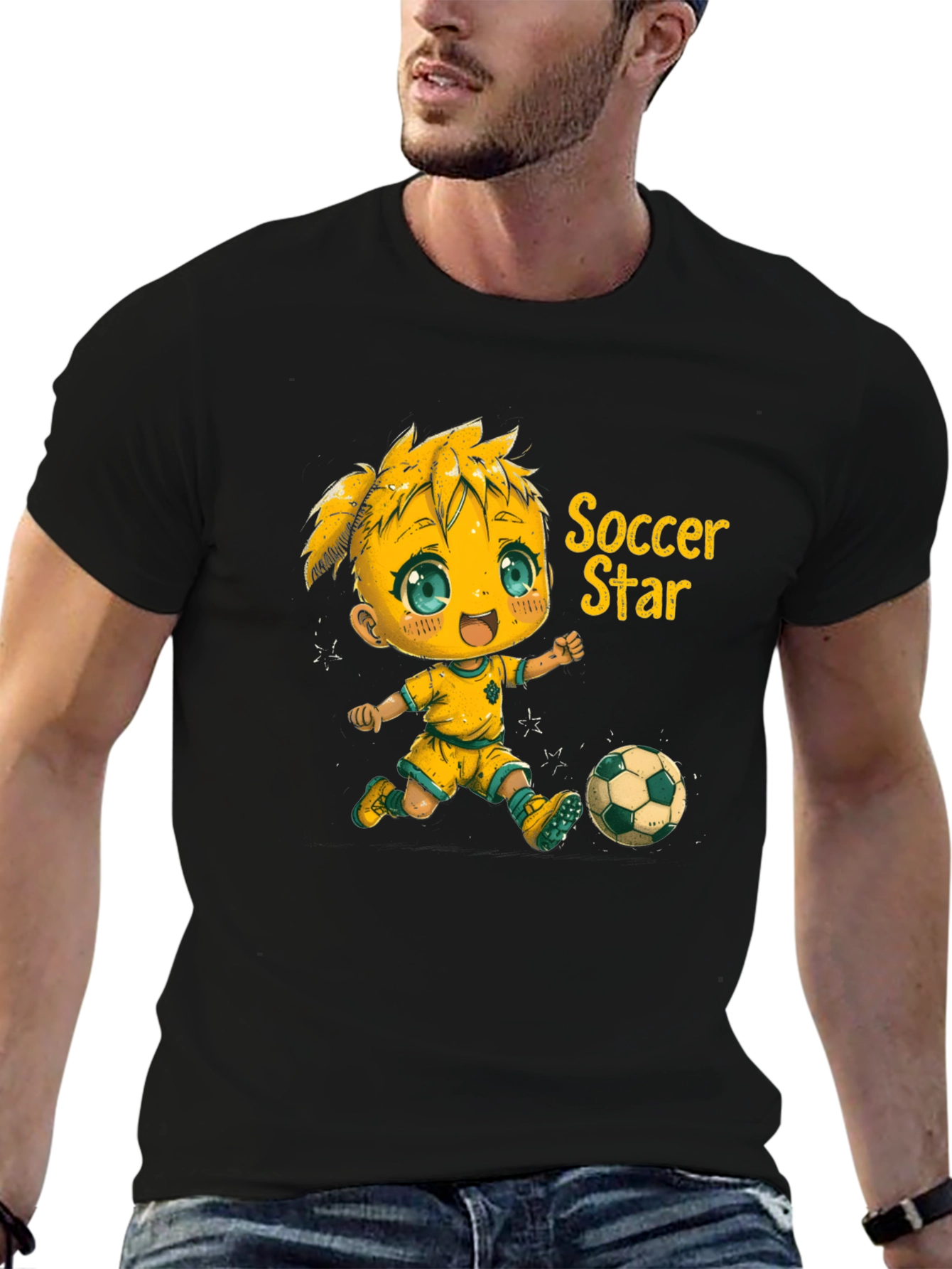 Soccer Star Graphic Tee - Black Cotton Shirt