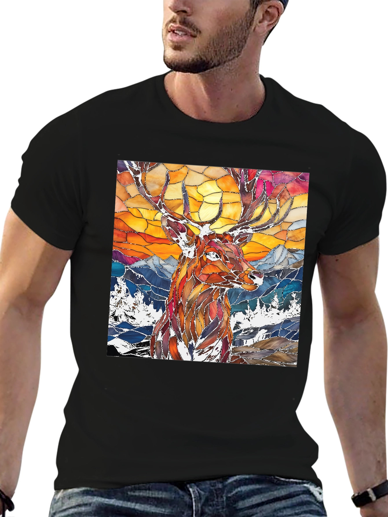 Stained Glass Deer Graphic Tee - Mens Black T-Shirt