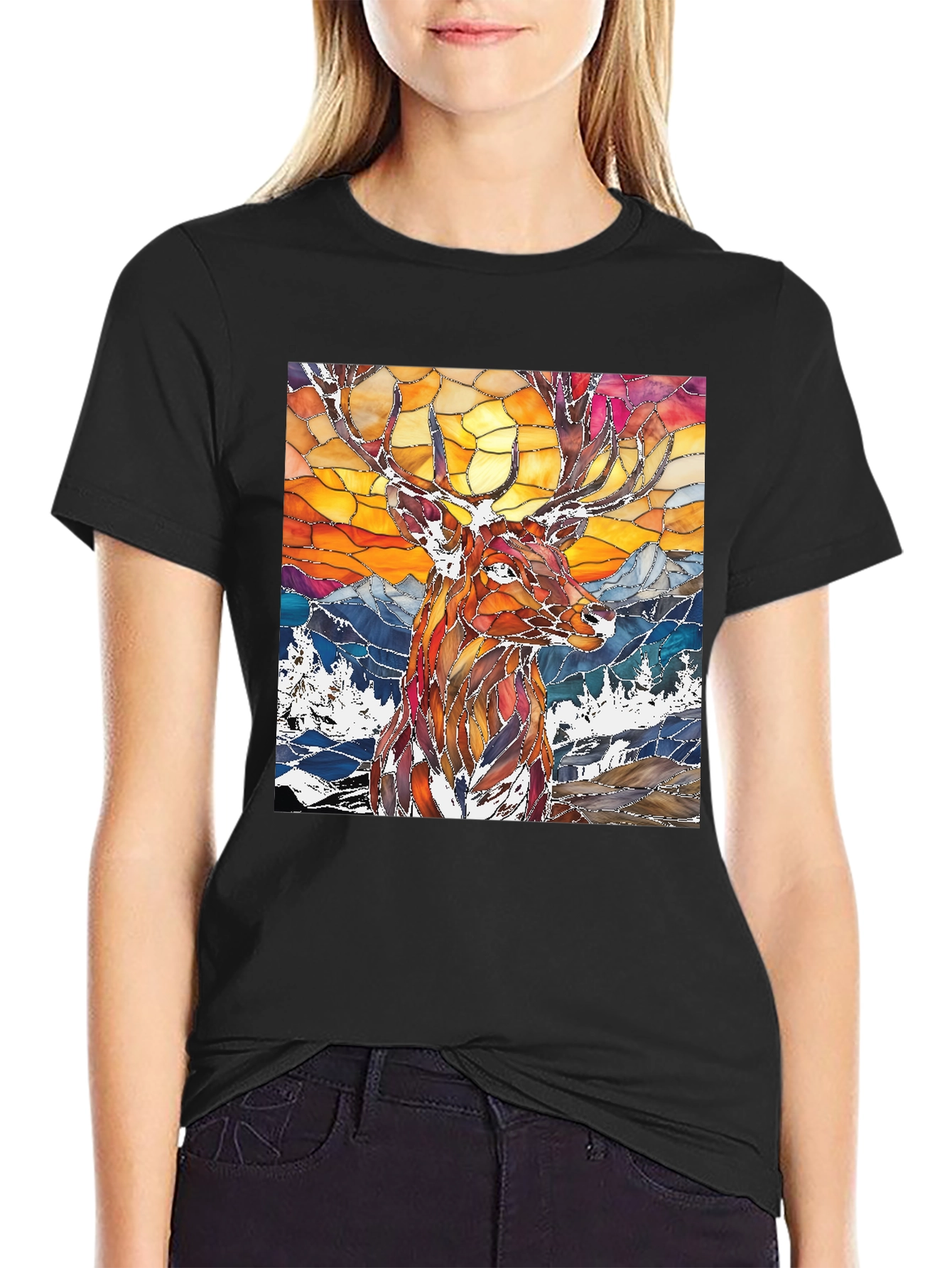Stained Glass Deer Graphic Tee - Mens Black T-Shirt
