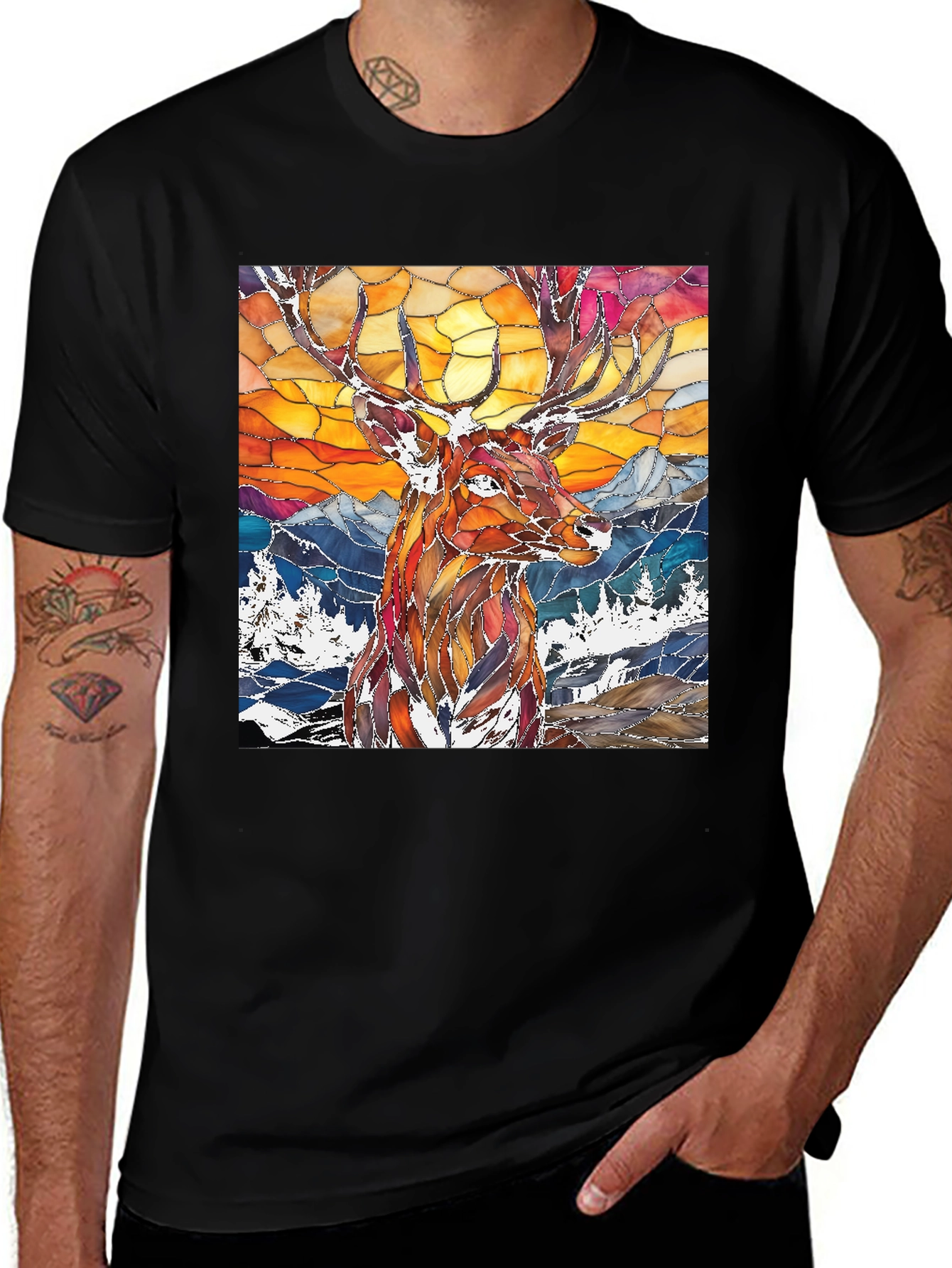 Stained Glass Deer Graphic Tee - Mens Black T-Shirt