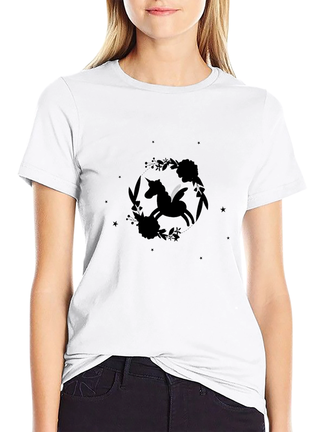 Unicorn Floral Wreath Black T-Shirt