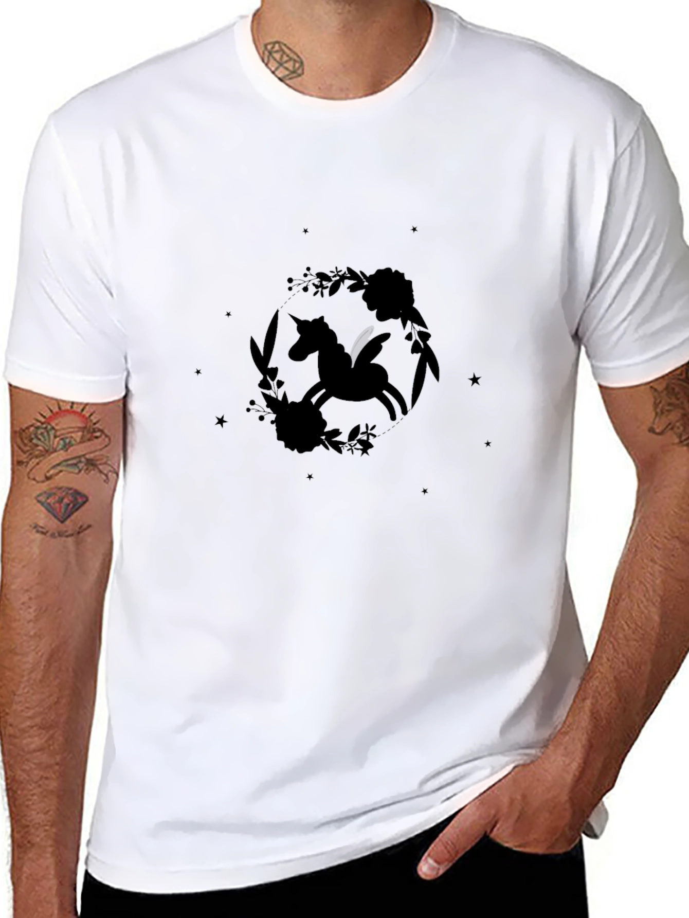 Unicorn Floral Wreath Black T-Shirt