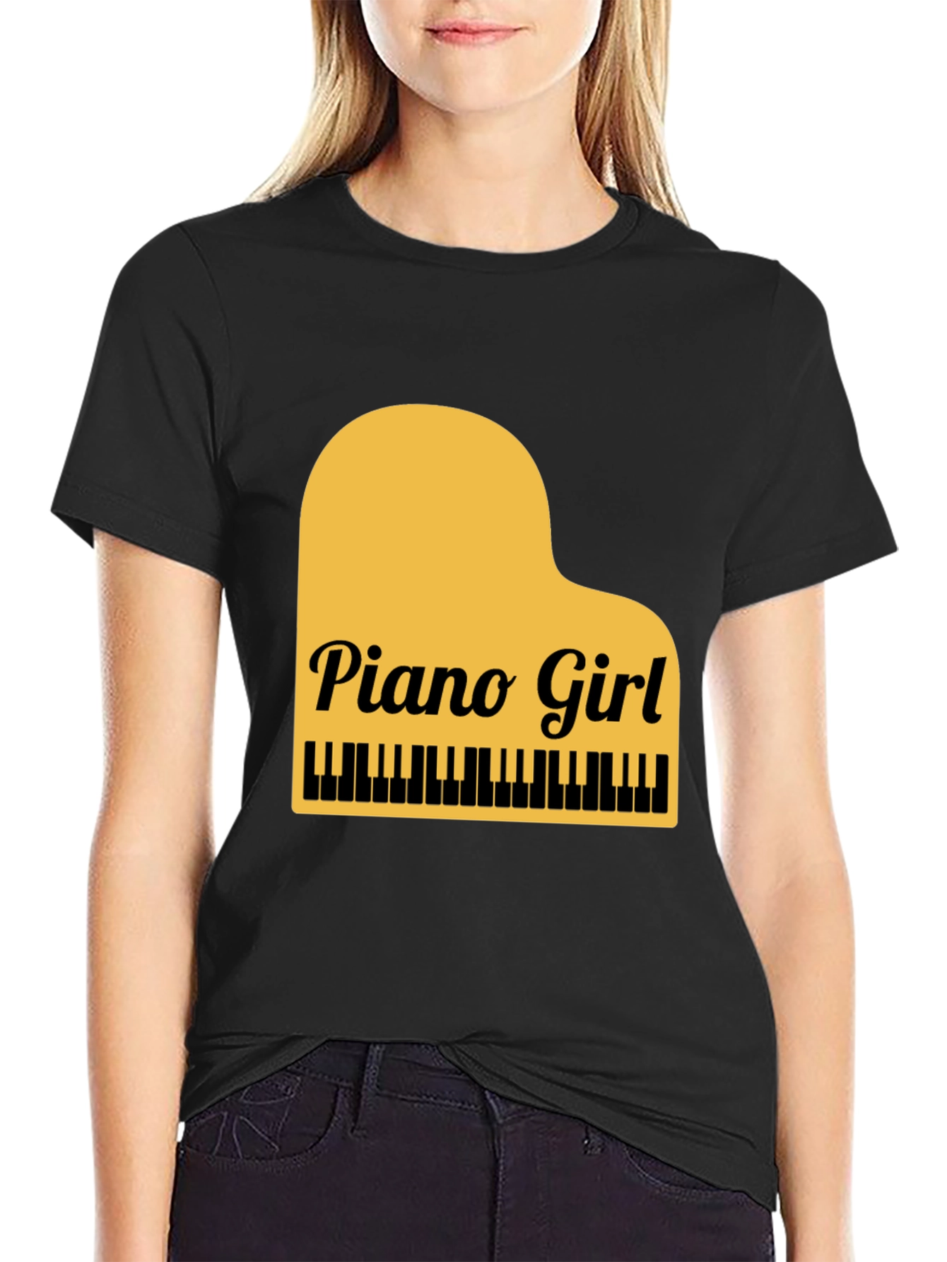 Piano Girl Graphic Tee - Black Cotton Blend