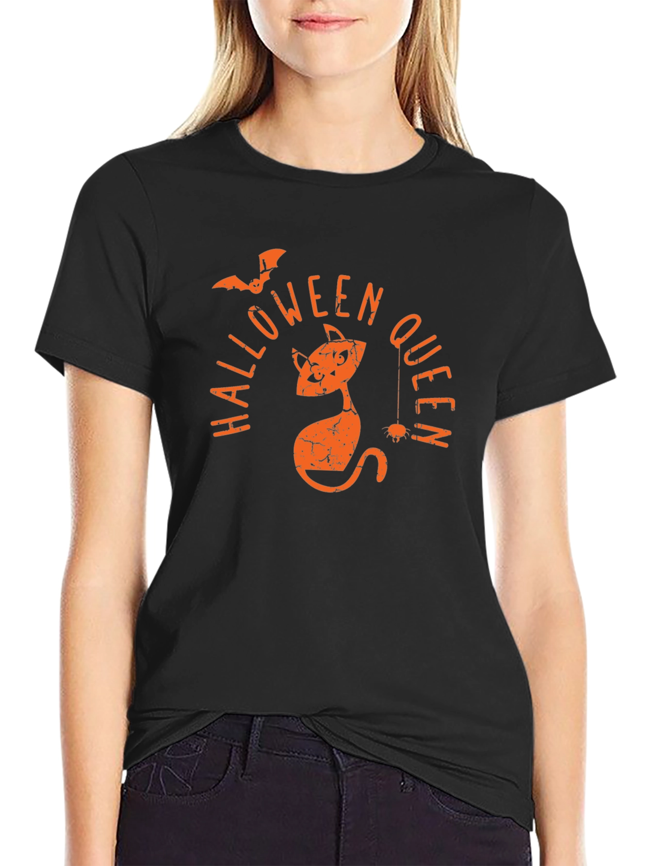 Halloween Queen T-Shirt - Black Cat & Bat Design