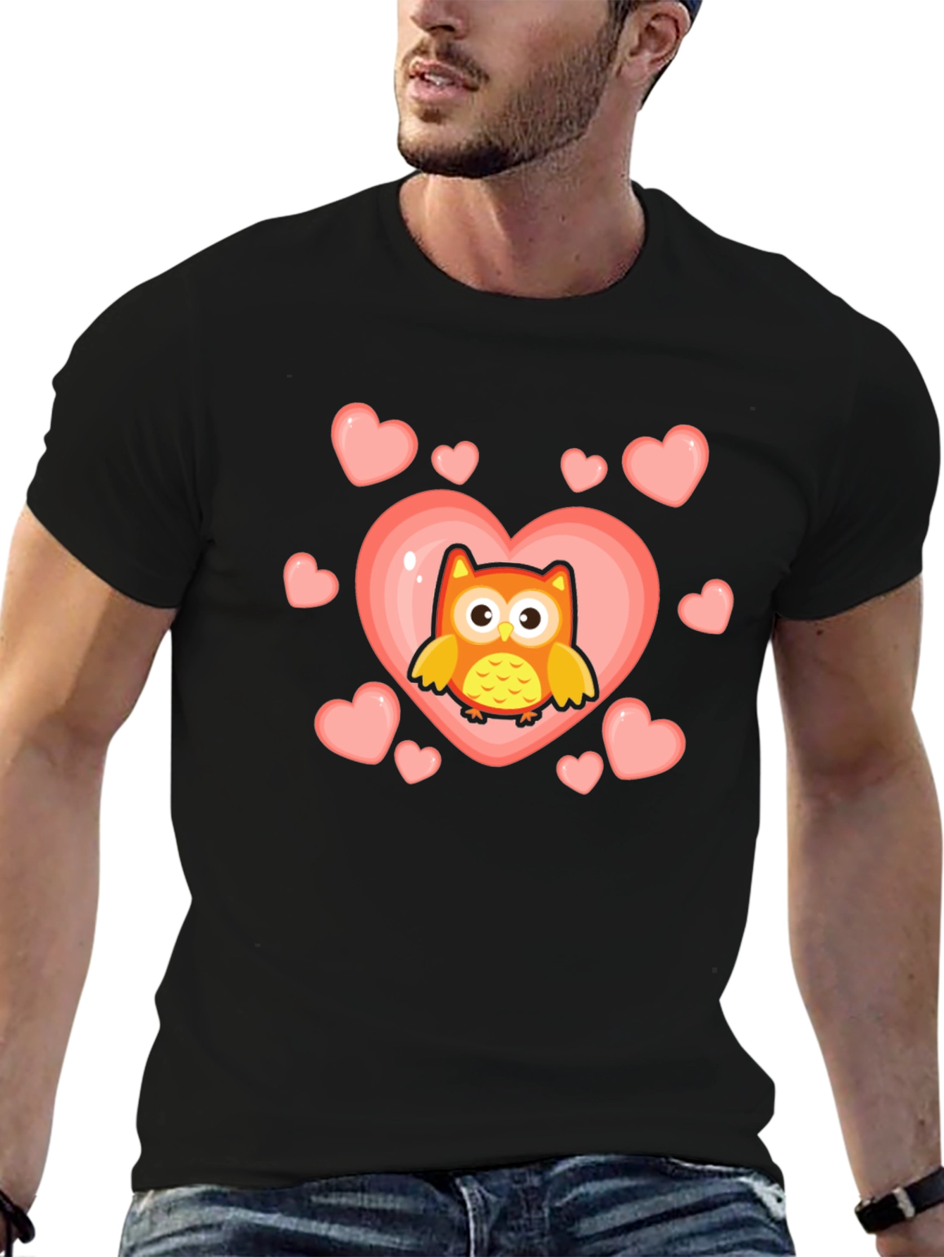 Cute Owl Heart Graphic T-Shirt - Black
