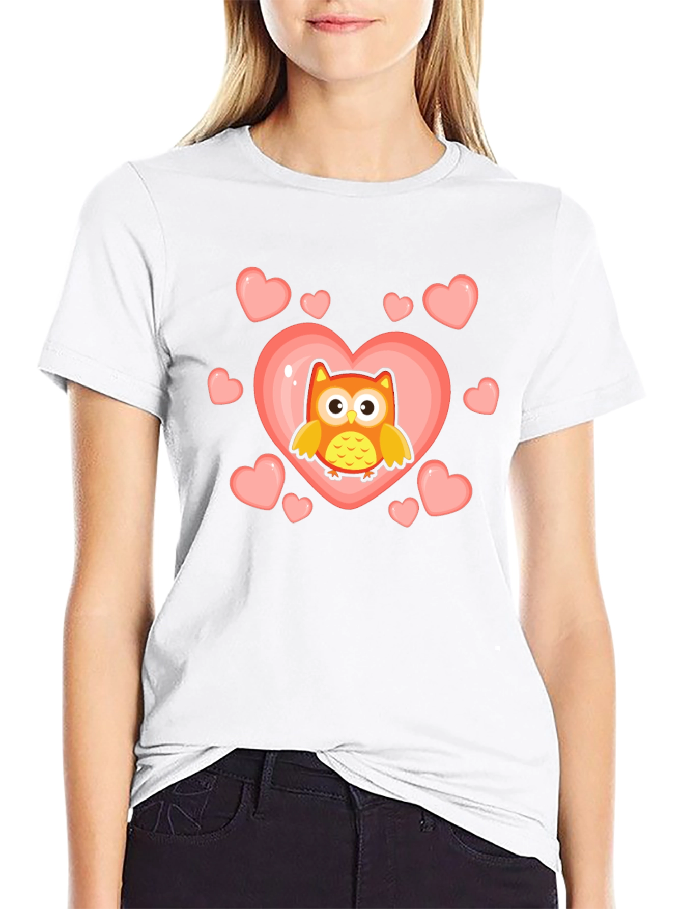 Cute Owl Heart Graphic T-Shirt - Black
