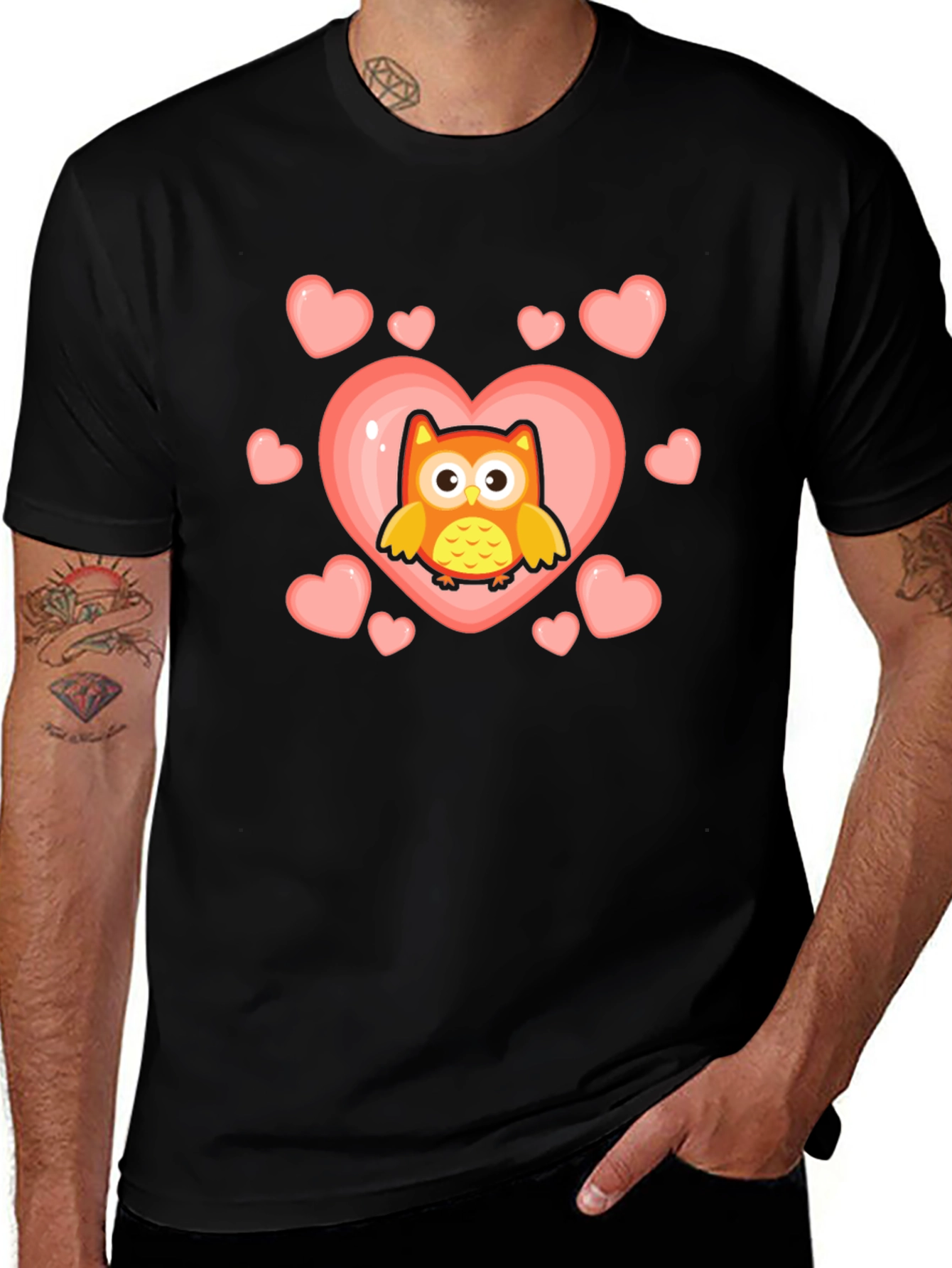Cute Owl Heart Graphic T-Shirt - Black