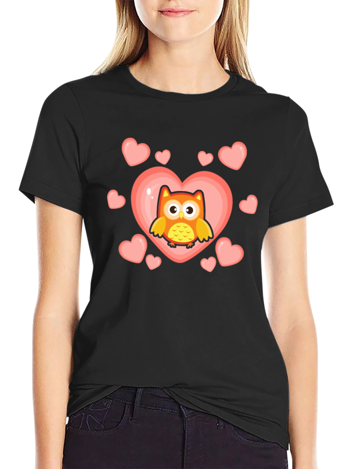 Cute Owl Heart Graphic T-Shirt - Black