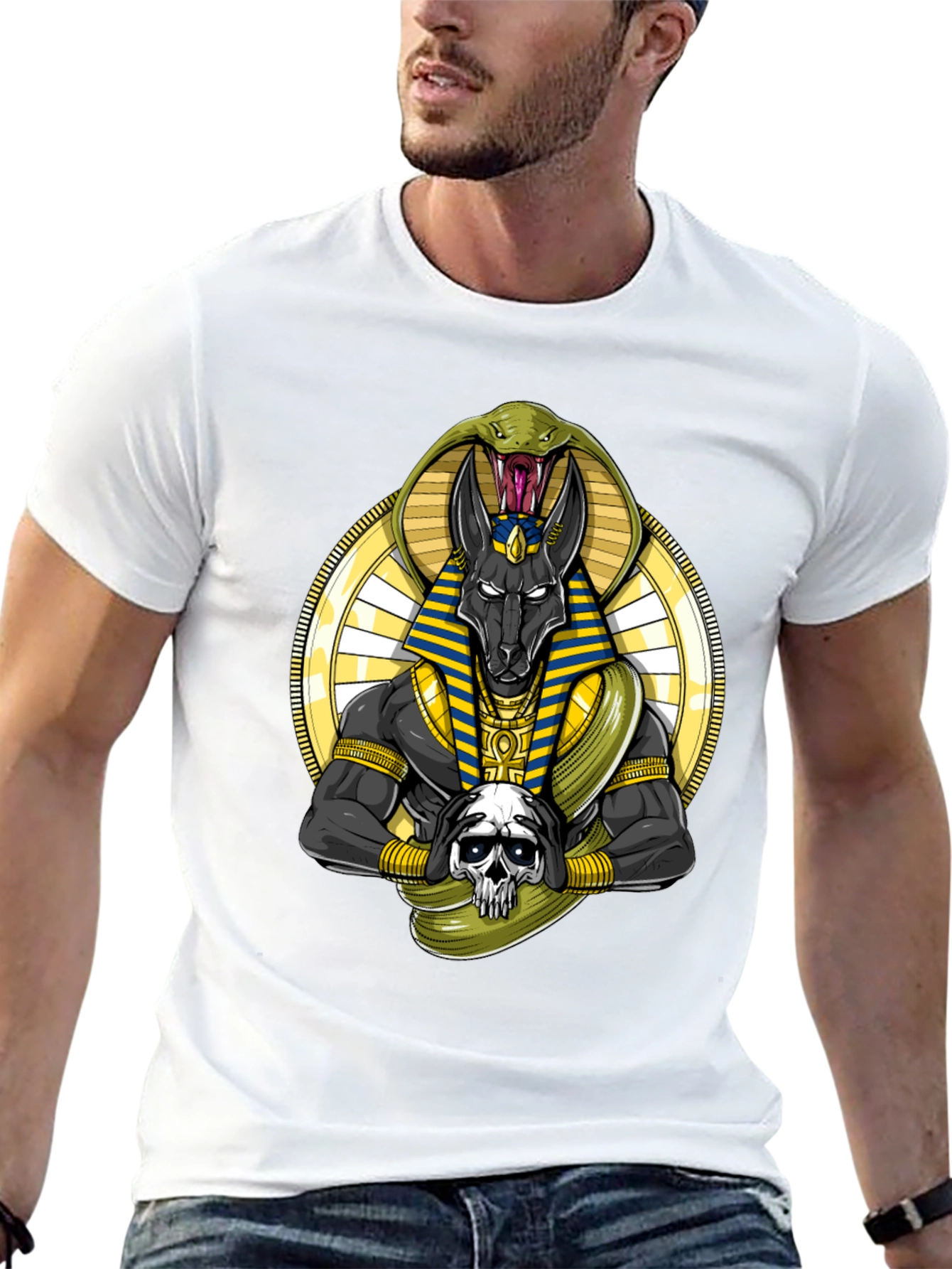 Anubis Snake Skull Graphic Black T-Shirt