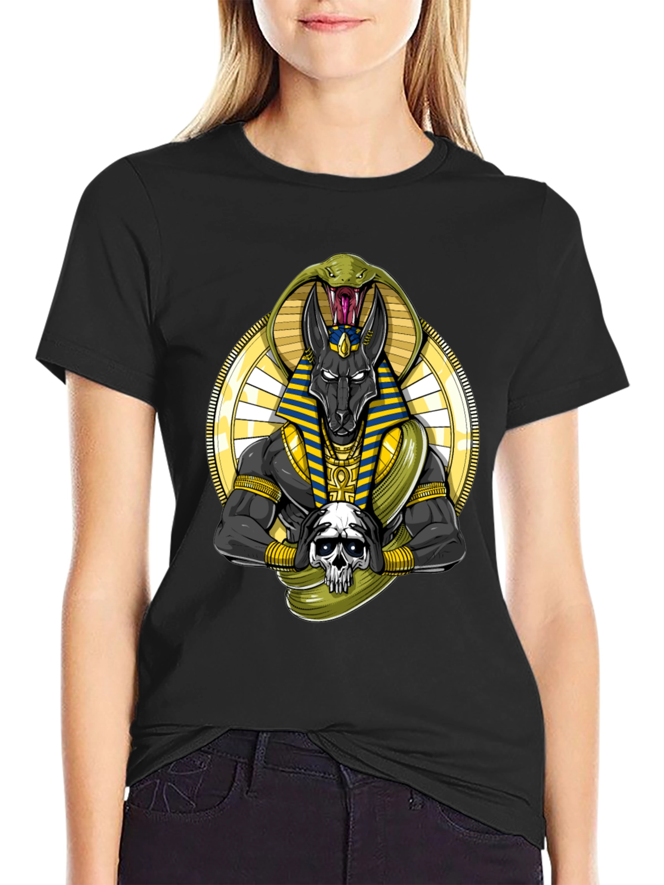 Anubis Snake Skull Graphic Black T-Shirt