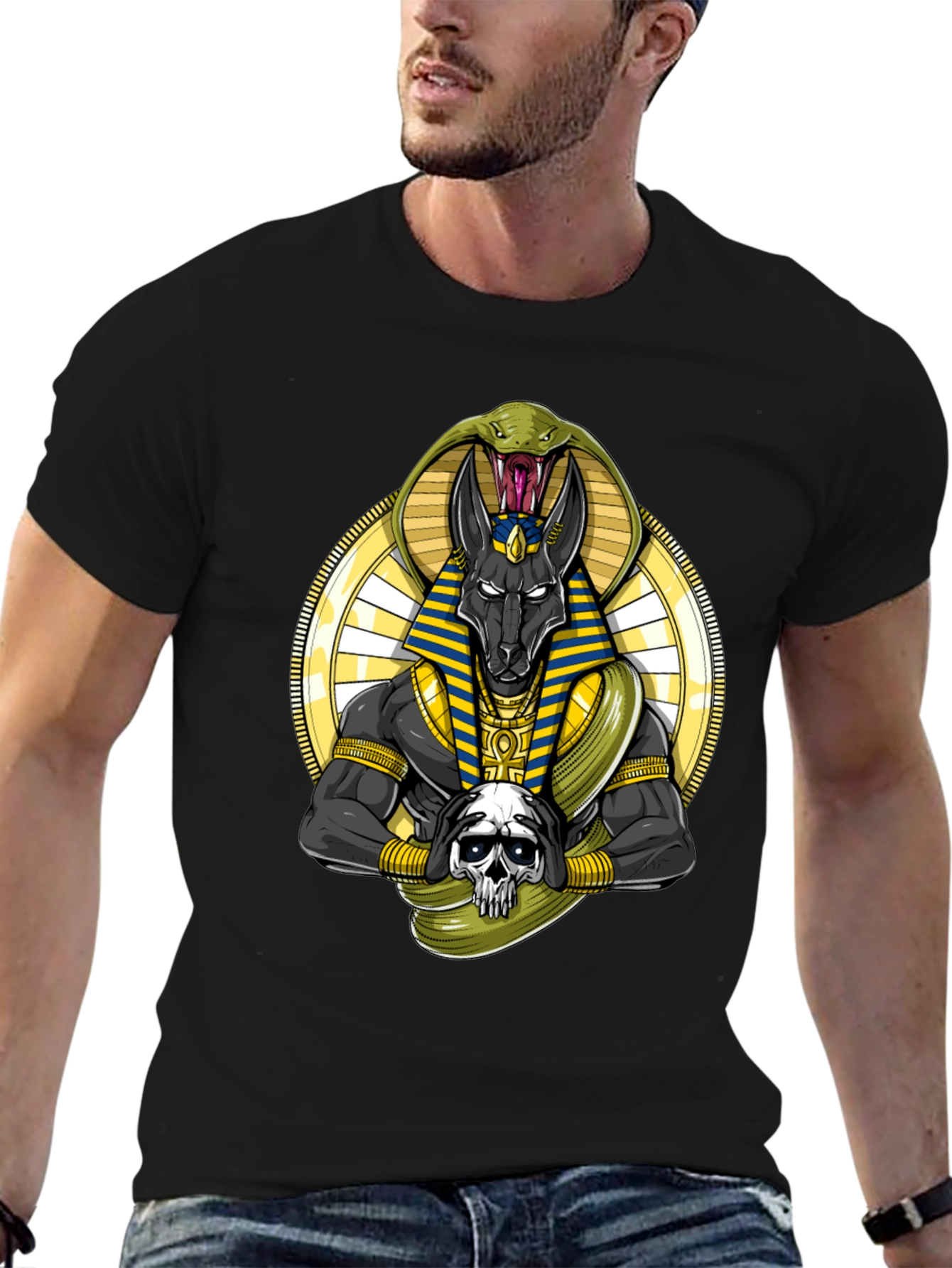 Anubis Snake Skull Graphic Black T-Shirt