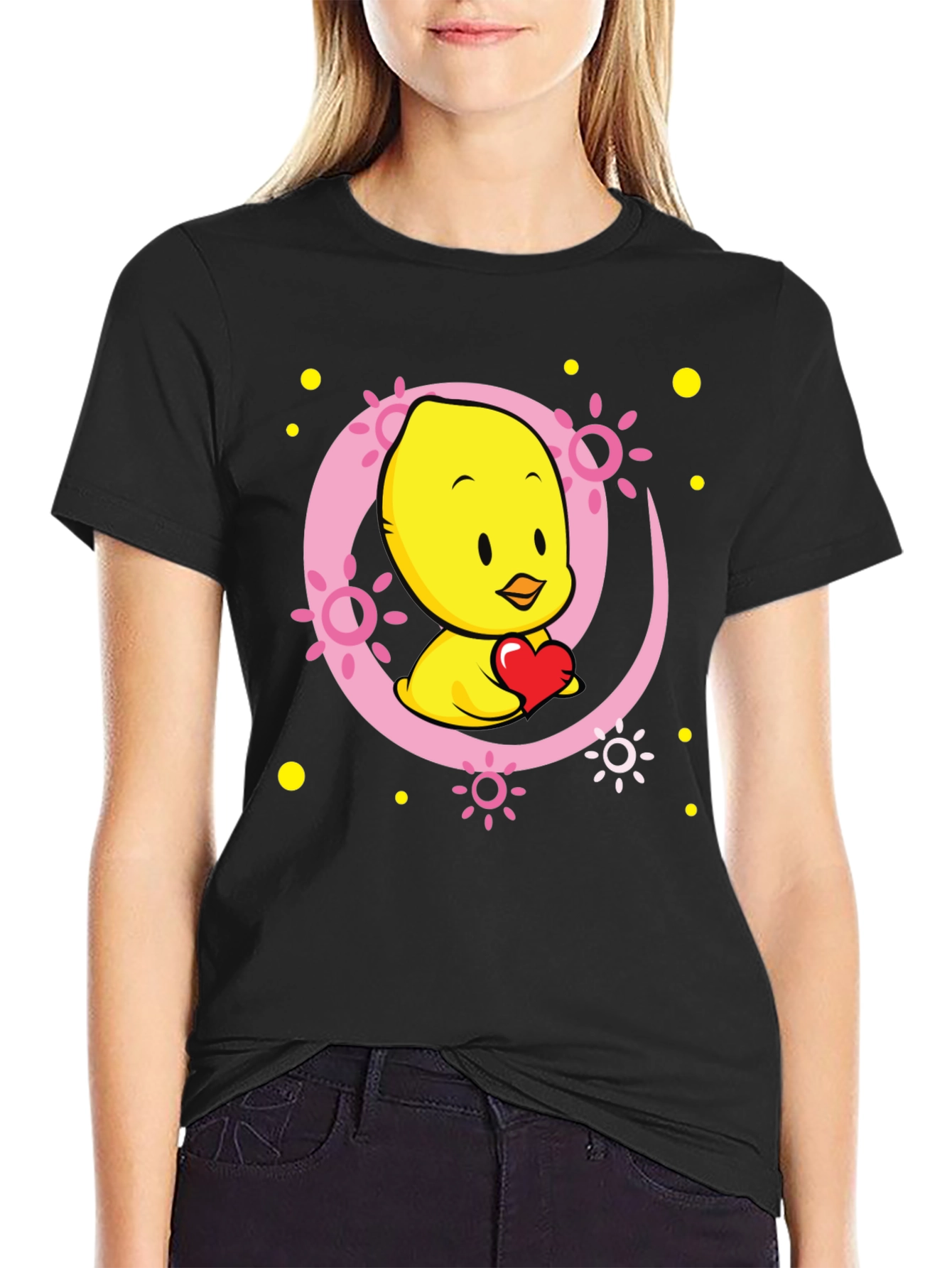 Cute Chick with Heart Black T-Shirt
