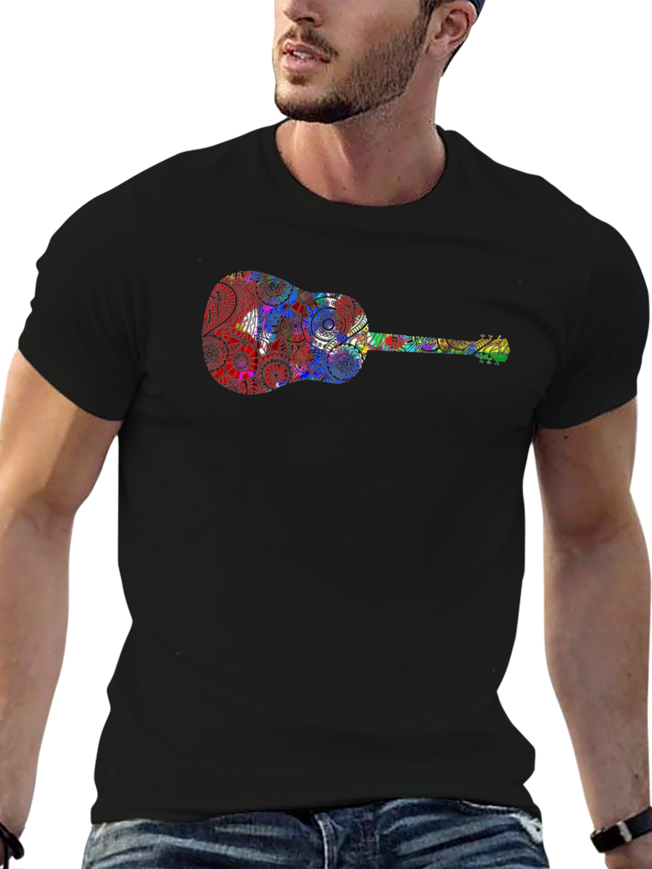 Guitar Print Black T-Shirt - Music Lover Tee