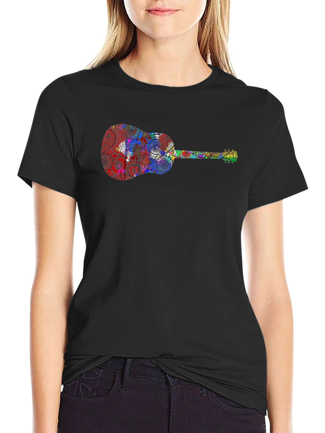 Guitar Print Black T-Shirt - Music Lover Tee