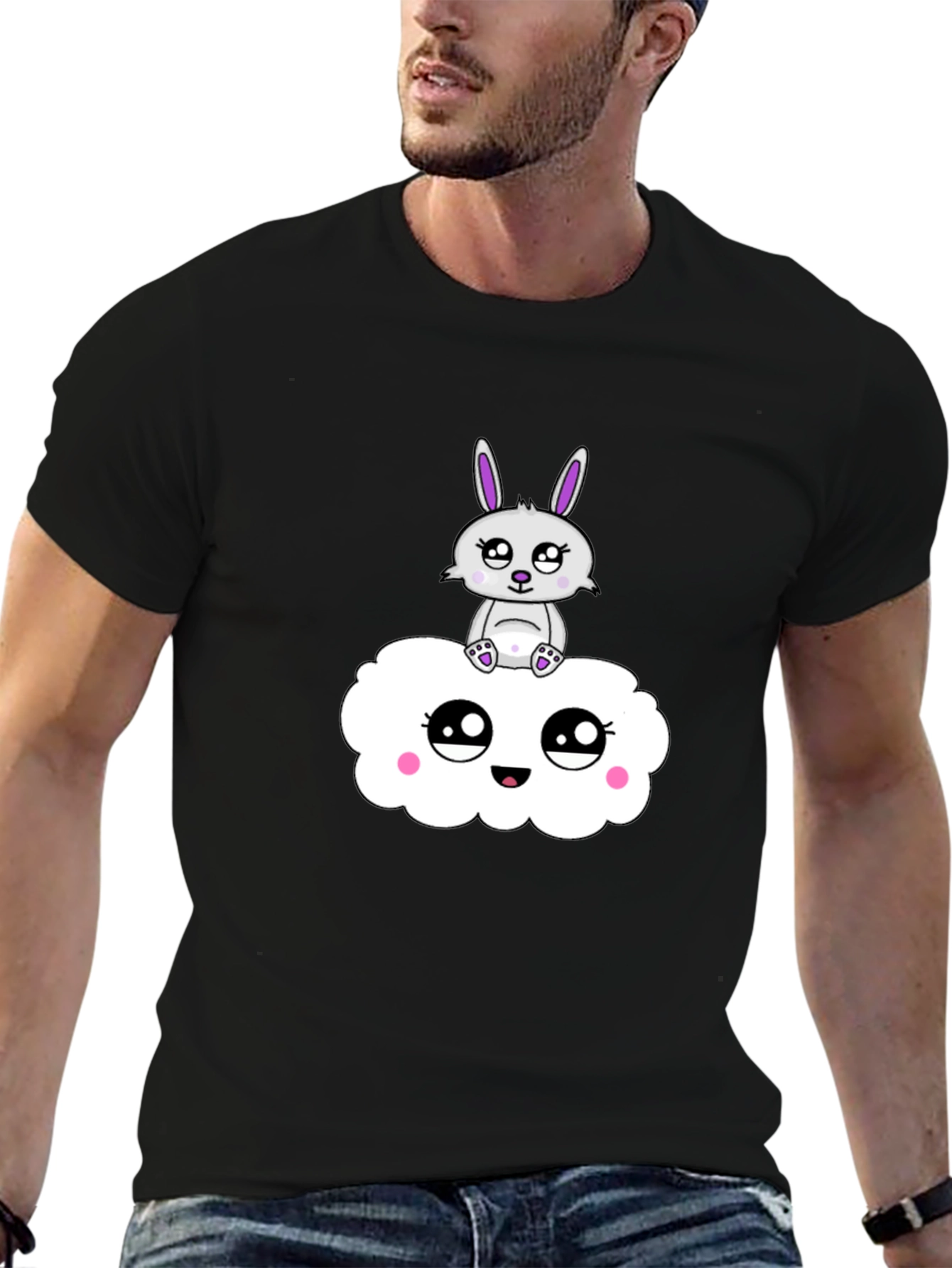 Cute Bunny on Cloud Black T-Shirt