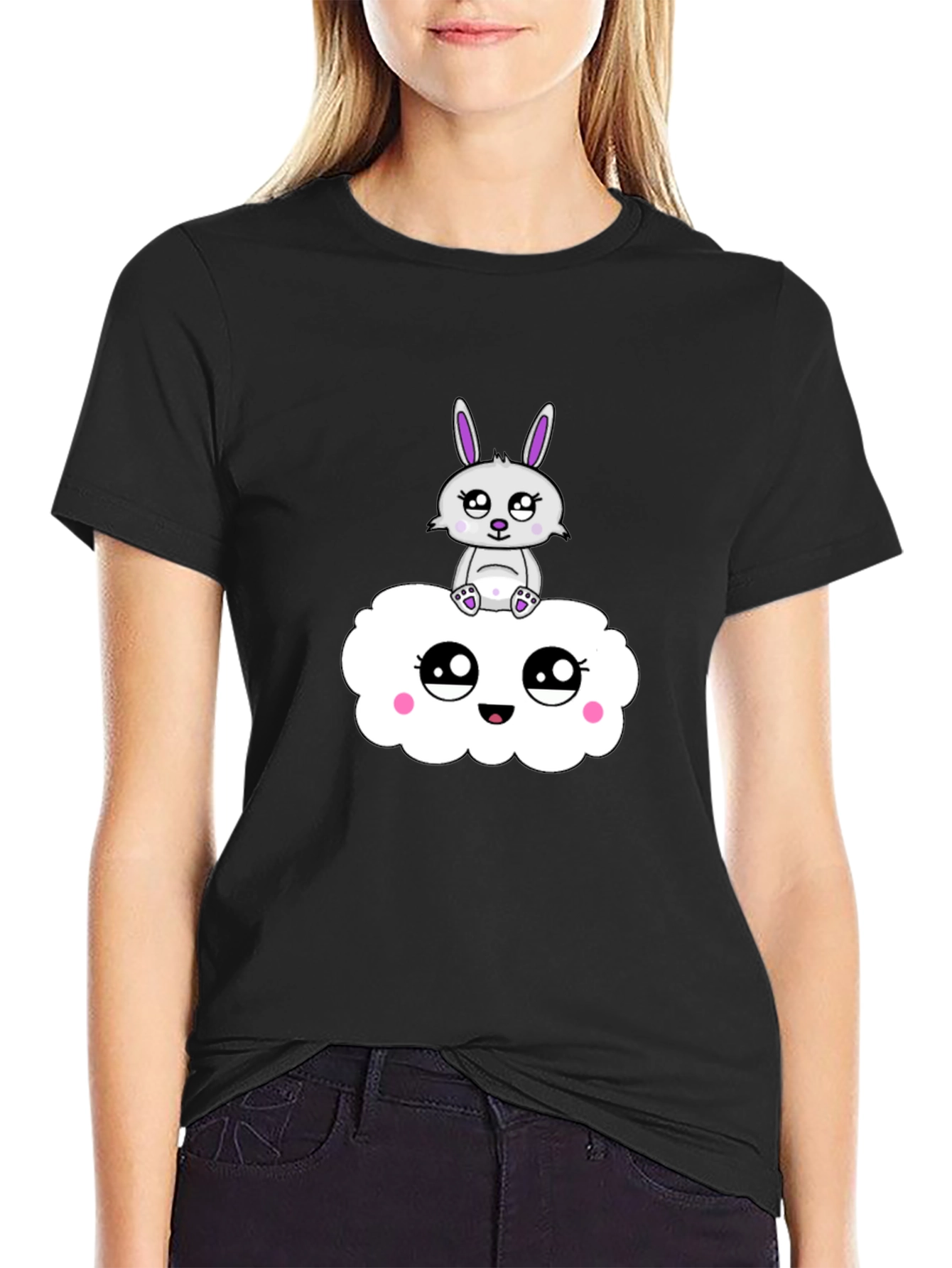 Cute Bunny on Cloud Black T-Shirt