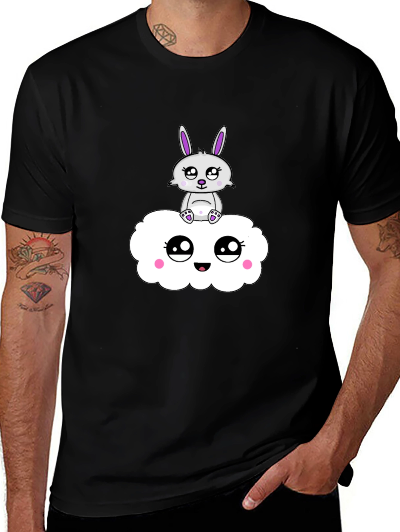 Cute Bunny on Cloud Black T-Shirt