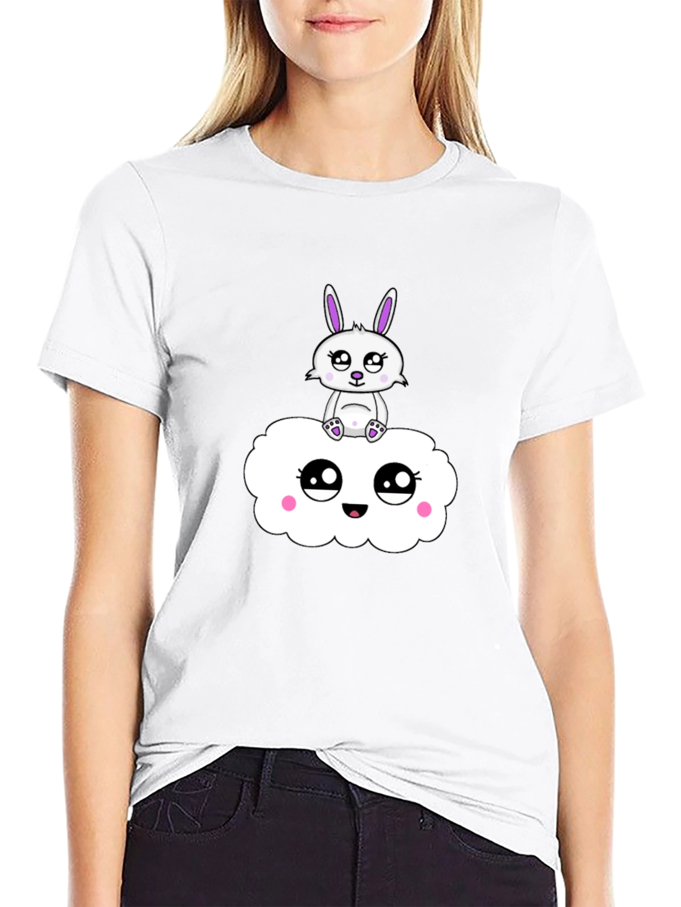Cute Bunny on Cloud Black T-Shirt