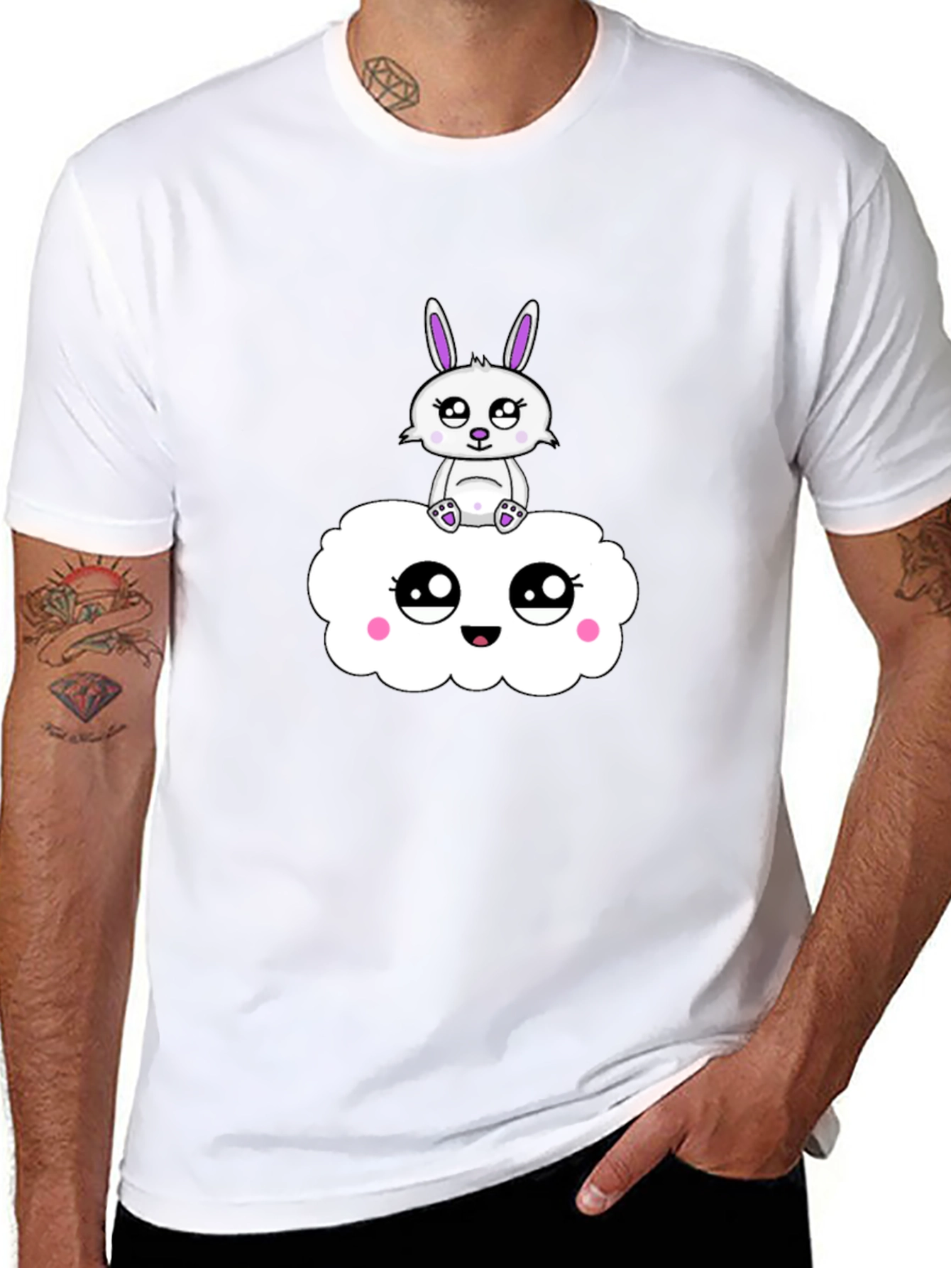 Cute Bunny on Cloud Black T-Shirt