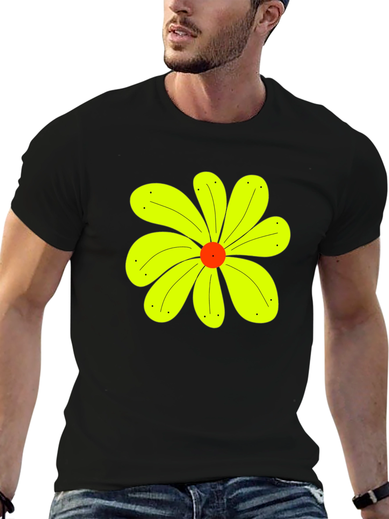 Black T-Shirt with Yellow Flower Graphic