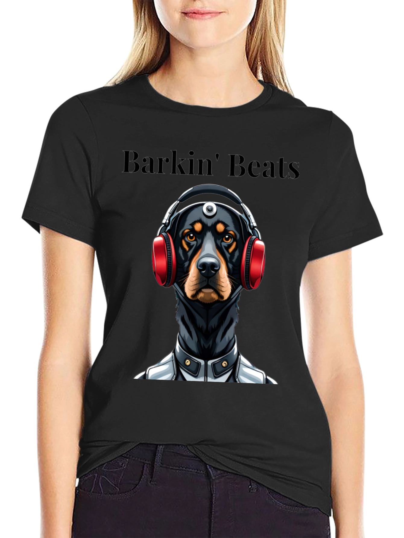 Barkin Beats Black T-Shirt - Dog with Headphones