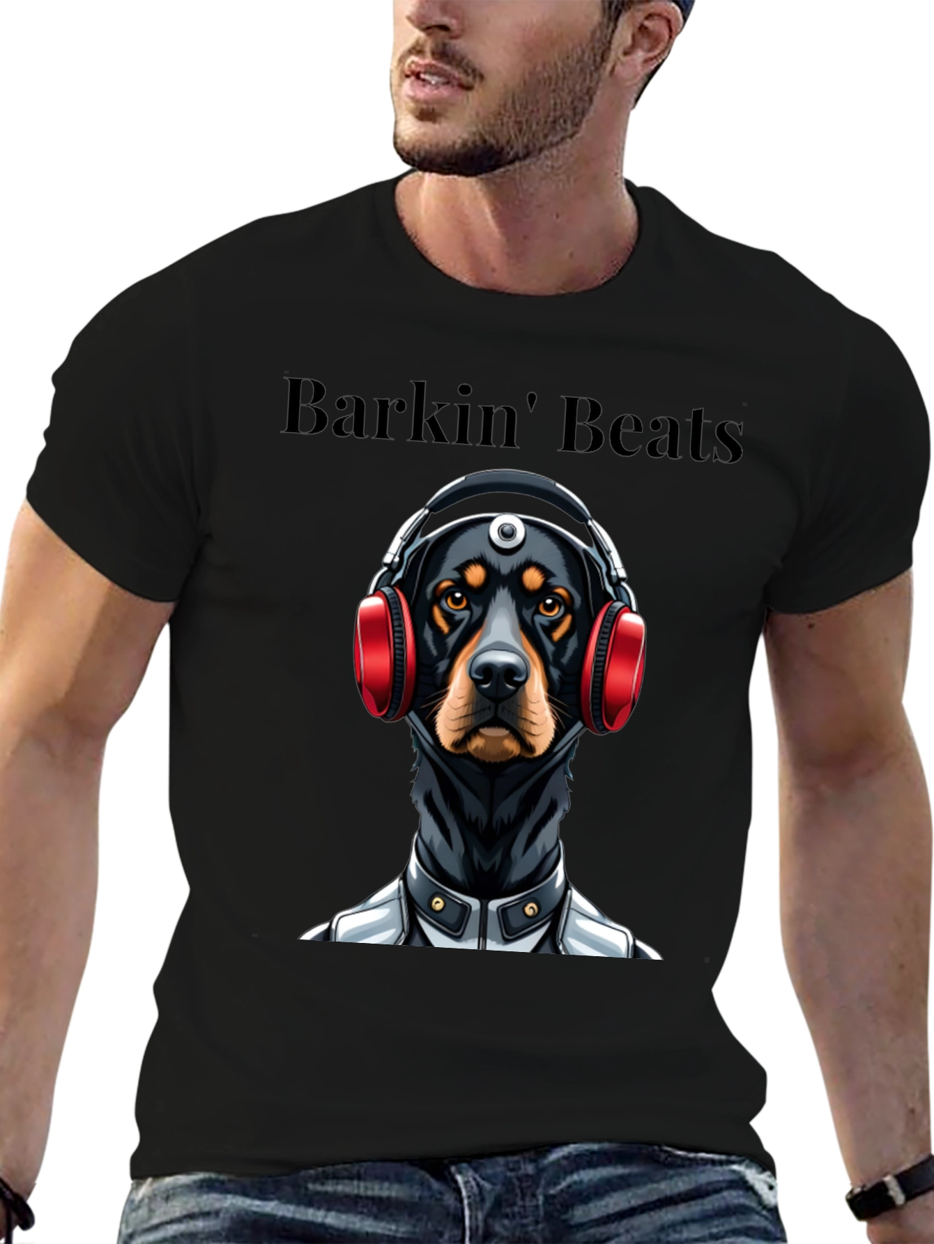 Barkin Beats Black T-Shirt - Dog with Headphones