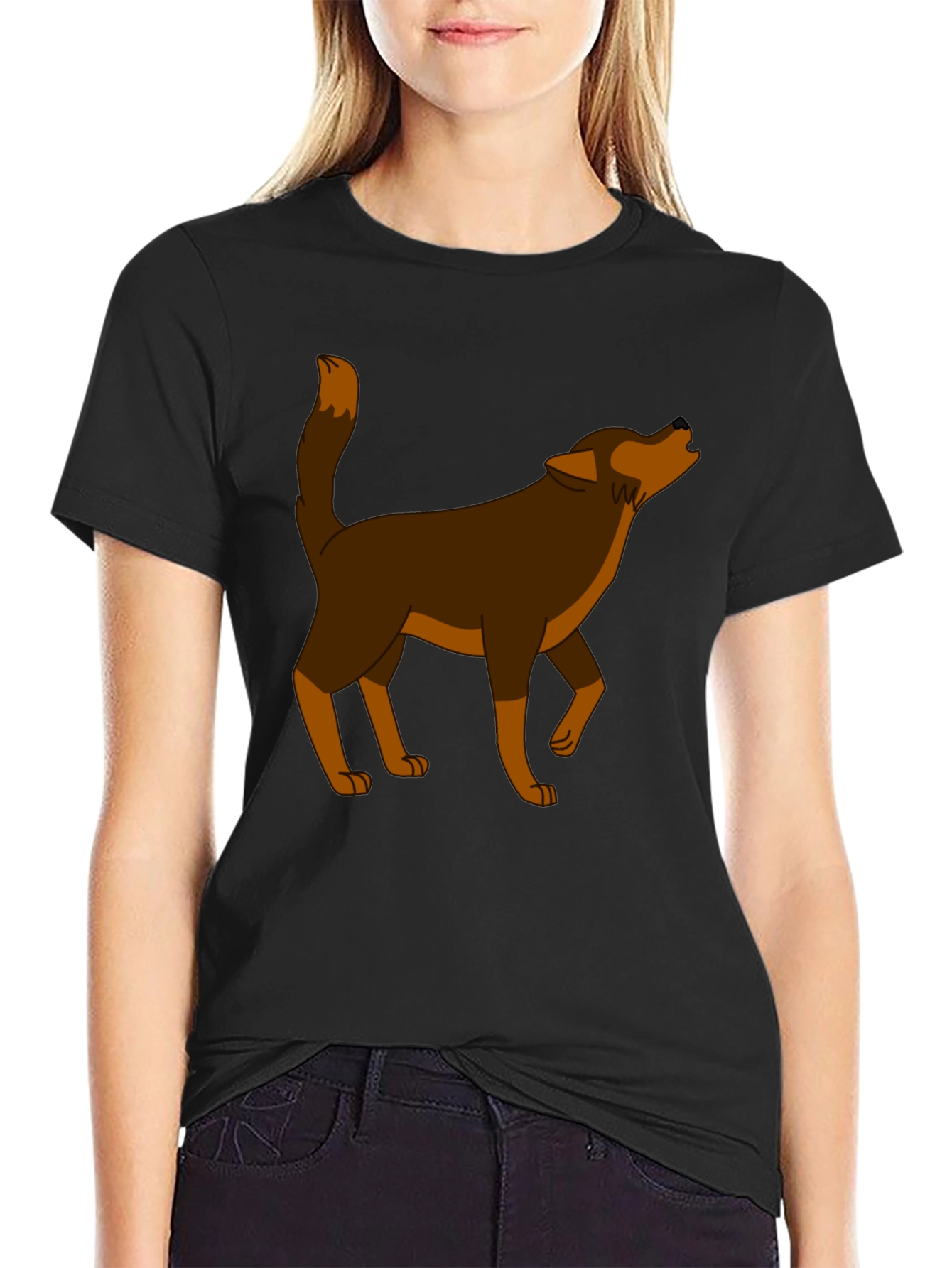 Cartoon Wolf Graphic Tee - Black
