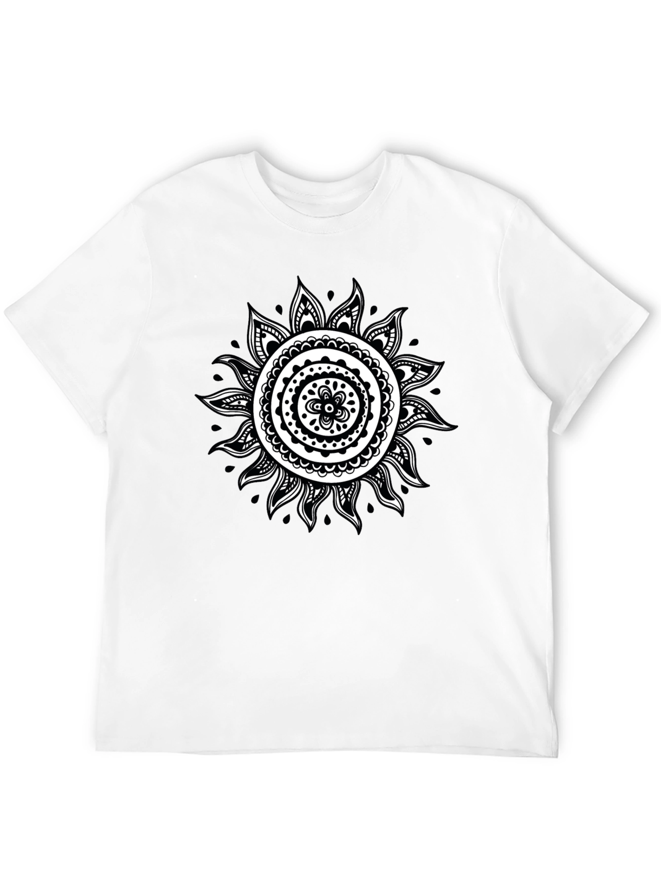 Black T-Shirt with White Sun Mandala Design
