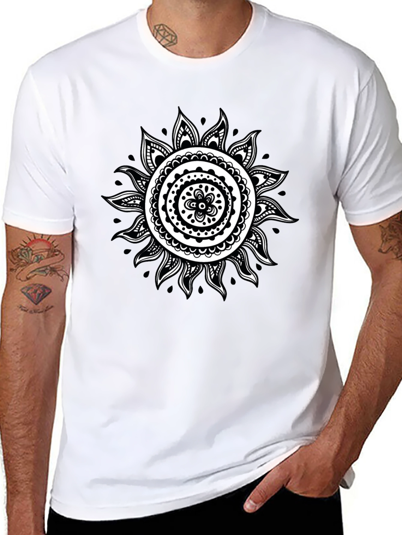 Black T-Shirt with White Sun Mandala Design