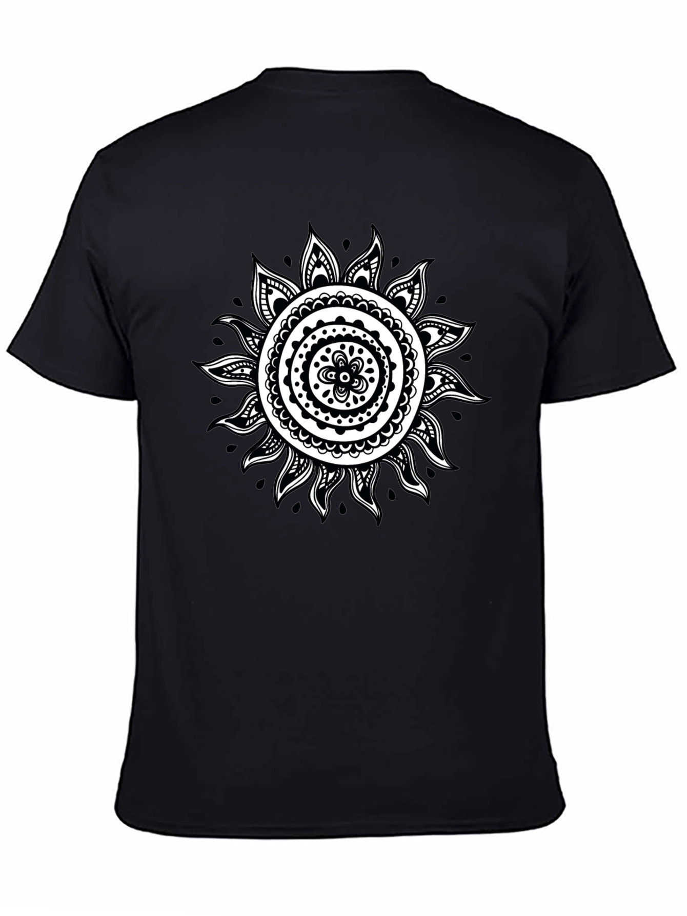 Black T-Shirt with White Sun Mandala Design