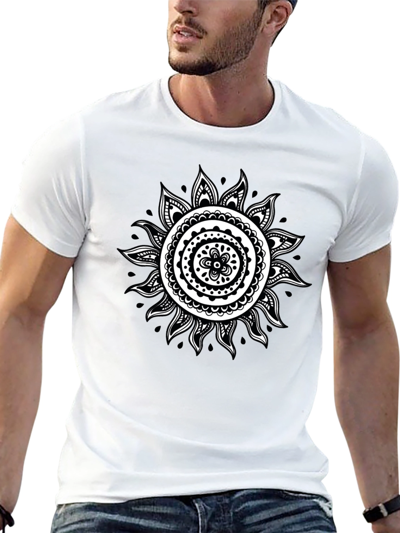 Black T-Shirt with White Sun Mandala Design