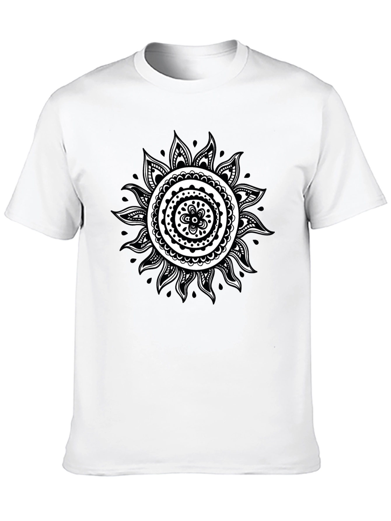 Black T-Shirt with White Sun Mandala Design