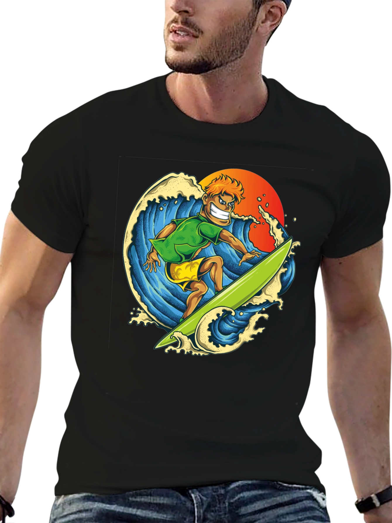 Surfer Dude Graphic Tee - Black Cotton T-Shirt